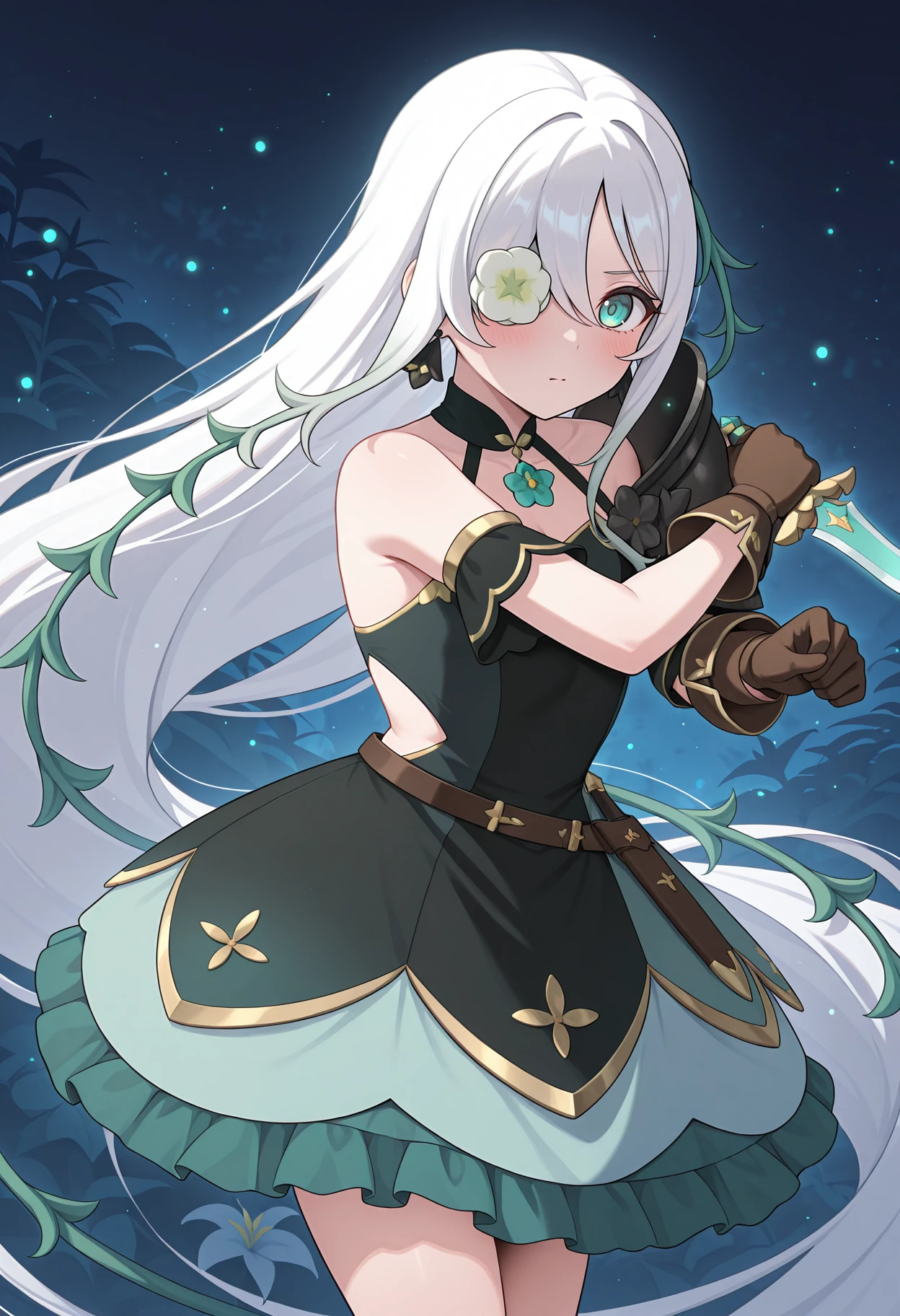 highres, best quality, masterpiece, night, outdoors,
1girl, solo, pcranmn, absurdly long hair, multicolored hair, white hair, hair over one eye, flower over eye, aqua eyes, hair vines,
panmndef, black earrings, two-tone dress, black dress, green dress, gold trim, sleeveless dress, bare shoulders, shoulder strap, plant strap, plant, detached sleeves, shoulder armor, single pauldron, flower, brown gloves, belt, green skirt, frilled skirt, side cutout,
blush,
dynamic pose, holding dagger, fighting stance, floral background, light particles, legs together,
<lora:_anemone_pcr-elesico-ilxlB:1>