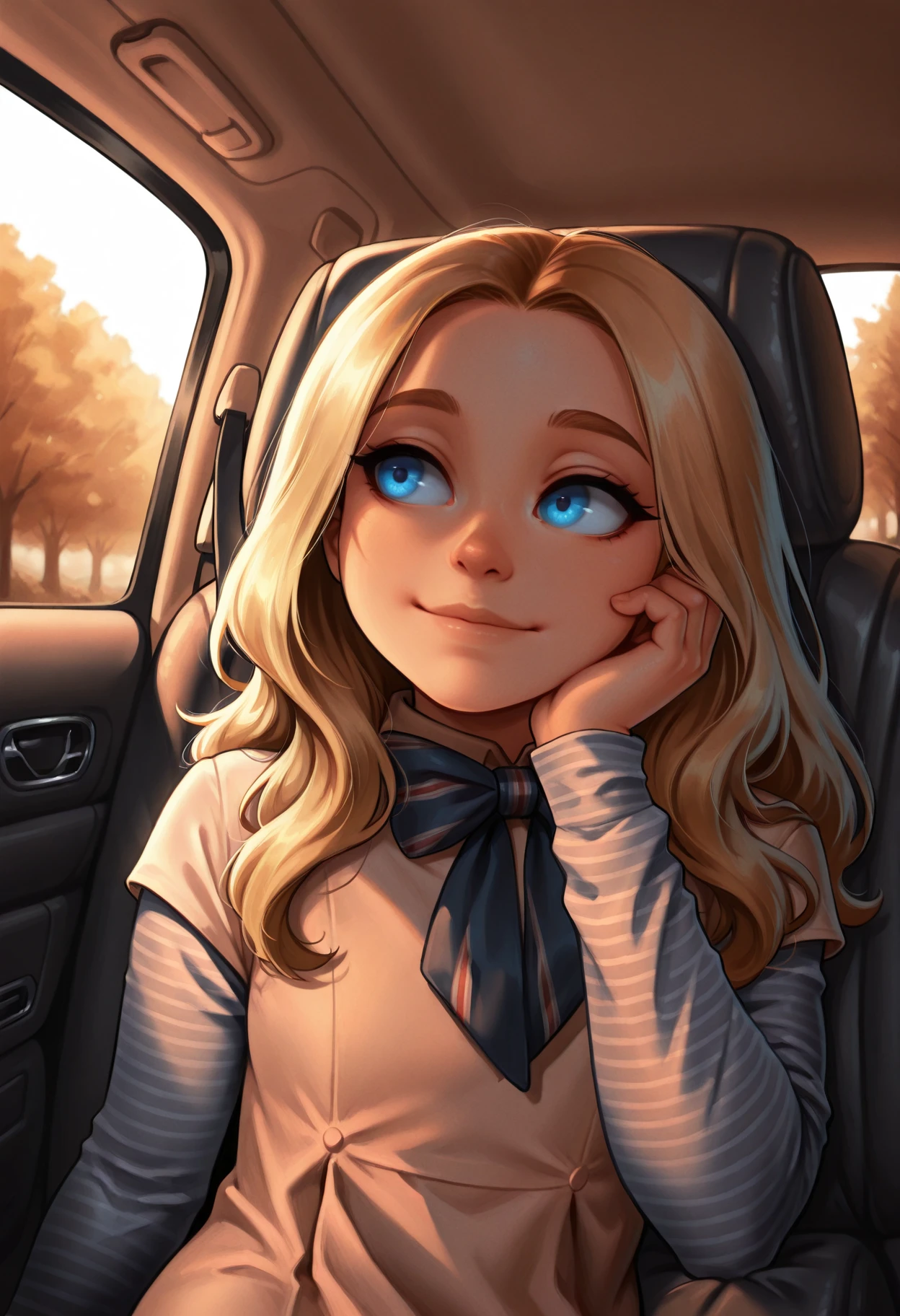 masterpiece,best quality,amazing quality, <lora:M3GAN_IL:1>m3ganwaifuil, dress, long sleeves, shirt, striped clothes, bow, blue eyes, light smile, (leaning to the side:1.3), upper body, sitting, portrait, dramatic lighting, soft shadows, car interior, looking to the side, head rest, arm support, sitting, car seat