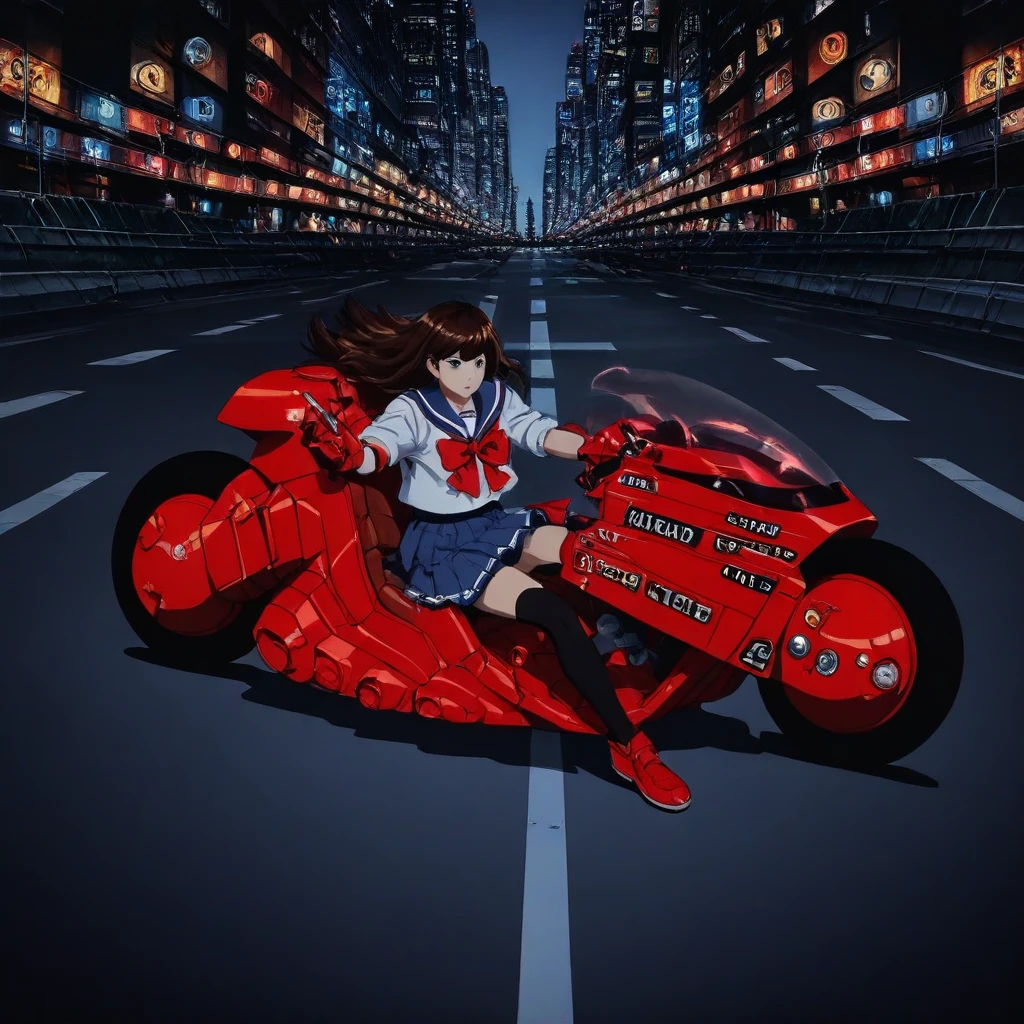 @k1r@, 1girl, long hair, brown hair, school uniform, red bow, white blouse, blue skirt, black knee-high socks, red shoes, helmet, sitting, dynamic pose, red motorcycle, futuristic, cityscape, night, neon lights, skyscrapers, glowing signs, urban, speed, motion blur, detailed background, city lights, sci-fi, stylish, energetic, action, vibrant colors, high-tech, anime style, digital art, Japanese anime, high detail, high resolution