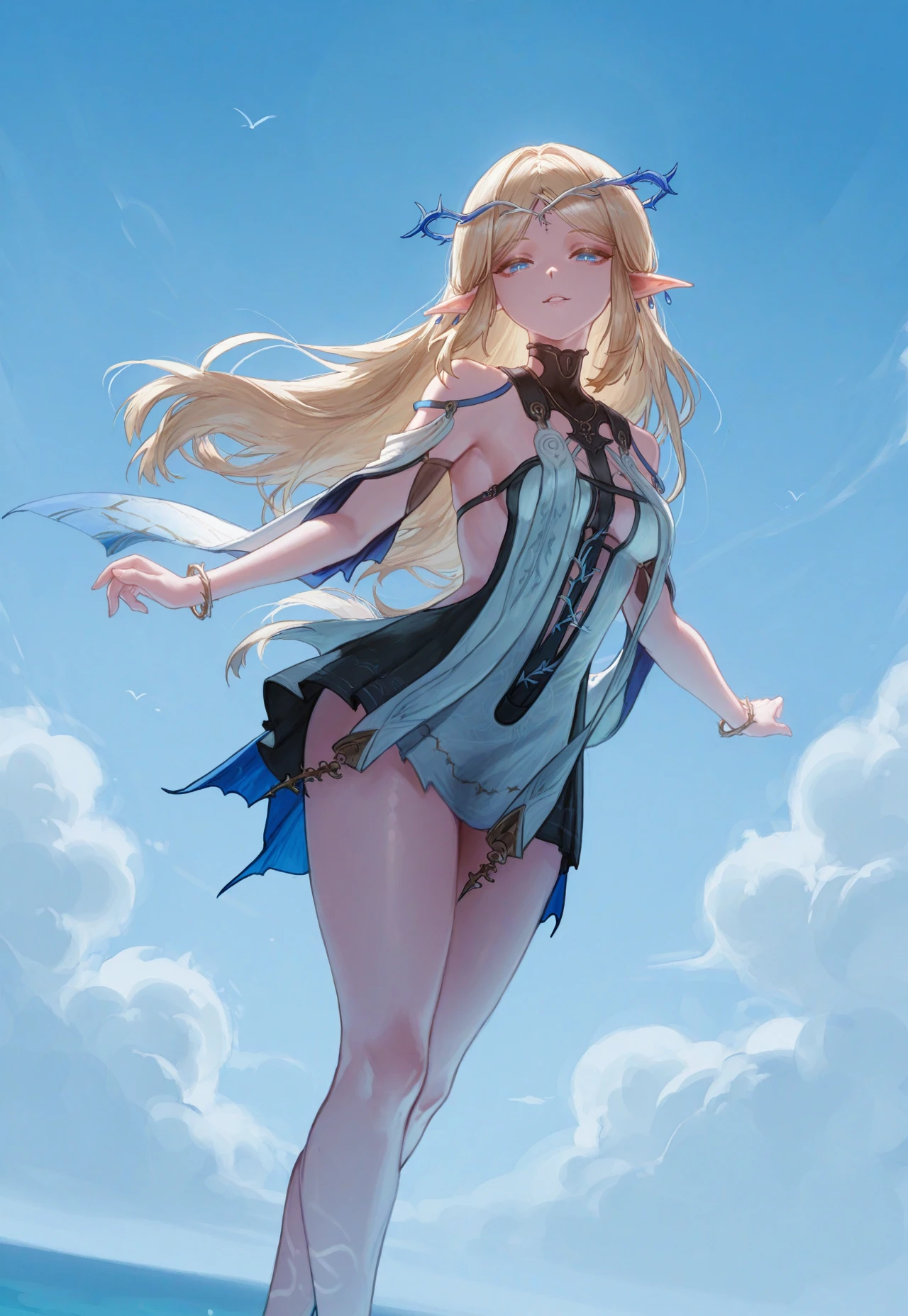 [artist:nyantcha:0.6, artist:quasarcake:0.8, artist:stmast:0.6, artist:cutesexyrobutts:0.6, ] 
full body, 1girl, mature female, solo,  looking at viewer,  light smile, parted lips,  cartethyia \(wuthering waves\), blue eyes, parted bangs, elf, circlet, bracelet, dress, bare shoulders, jewelry, feet out of frame, dynamic pose:0.2, action:0.2, 
blue sky, sky theme backround, clouds, female focus, 
masterpiece, best quality, amazing quality, [[very aesthetic]], <lora:cartethyia-wuthering_waves:1>