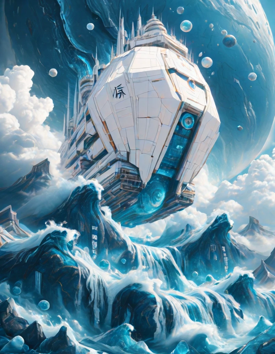<lora:SW_Minis_7illc:1> above city and lakes, blue, day, epic scale, fantasy, huge angular design mothership, illuminated, kanji, marble, rough sea, t9, tiny human