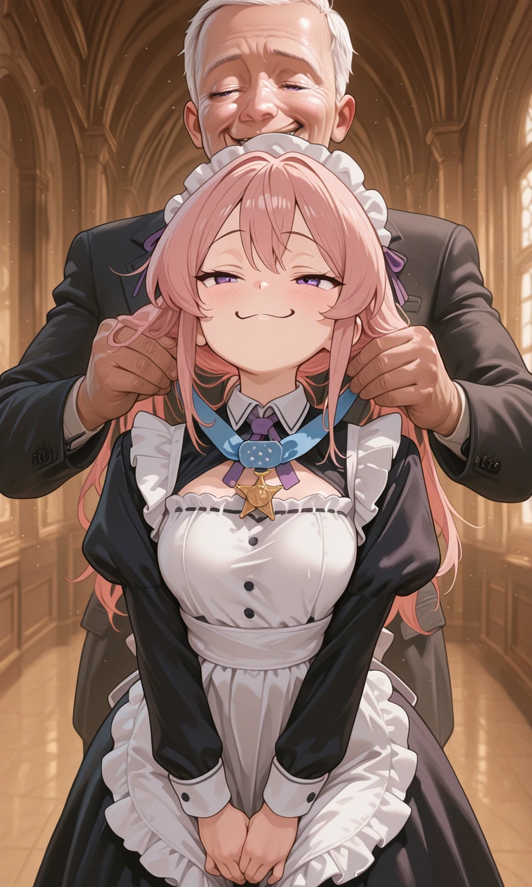 embedding:IllusP0s, holding medal of honor from behind, 1girl, smug, pink hair, purple eyes, maid outfit,1boy, suit,<lora:CivChan.safetensors:0.7:0.7> <lora:holding medal of honor from behind_illustrious.safetensors:1.0:1.0>