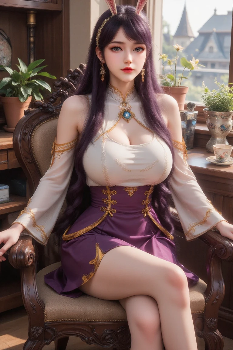 Masterpiece, intricate detail, 8k, hires, ultra detailed, extremely delicate and beautiful, Imagine a scene where a woman with a slight smile, adorned in a purple-haired, long-haired, and wearing a black maid outfit, is seated on a living room sofa. The setting captures a blend of charm and relaxation, as she exudes an air of comfort and elegance amidst the cozy ambiance
