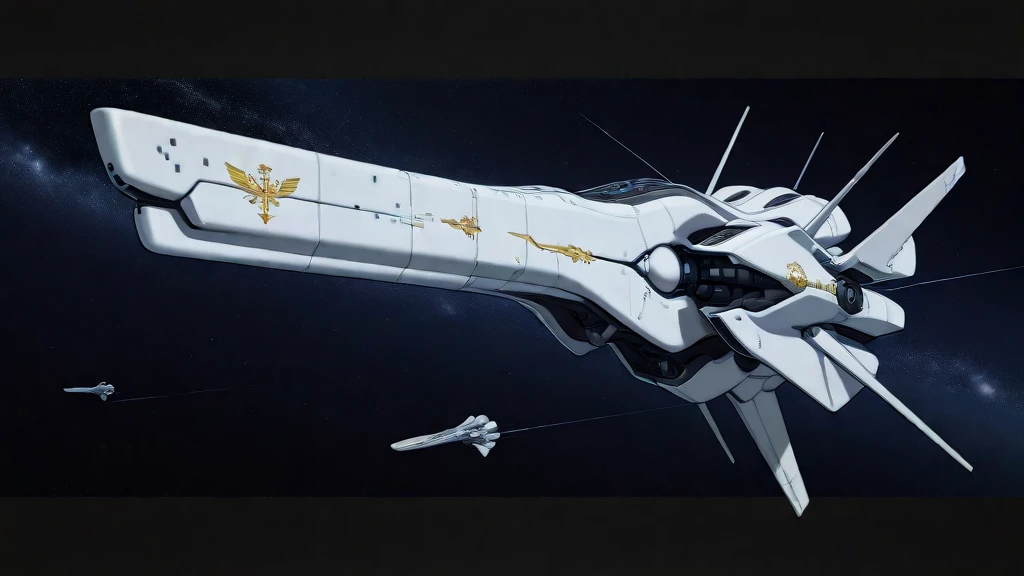masterpiece, best_quality, very_aesthetic, highres, absurdres, ultra detailed,
 <lora:negXL:0.5> <lora:LOGH_Imperial_Warships_IL:1> starry sky,   no humans, science fiction, spacecraft, , machinery,  logh, imperial Warships emblem,  gray,black,white,golden trim,