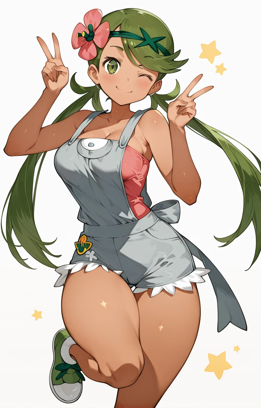 <lora:ToridamonoIL:1>
standing, double v, one eye closed, skindentation, looking at viewer, thick thighs, ((simple background, empty background, white background)), standing on one leg, cowboy shot, star \(symbol\), smile, happy,
mallow \(pokemon\), tan, green eyes, green hair, twintails, hair flower, medium breasts, overalls,, (masterpiece),(best quality),amazing quality,extreamly delicate and beautiful,illustration,absurdres, high quality, anime style illustration,, 1girl, solo,solo_focus,