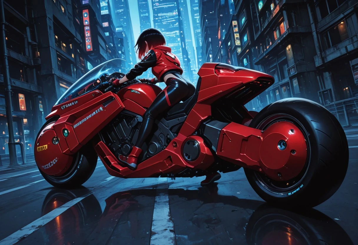 masterpiece, best quality, amazing quality, very aesthetic, absurdres, newest, @k1r@, red_motorcycle, futuristic_design, sleek_aerodynamic_body, sci-fi_motorbike, glossy_texture, mechanical_detail, high-tech, cyberpunk_flavor, dynamic_pose, cinematic_lighting, vibrant_colors, reflections, glowing_elements, cityscape_background, neon_lights, speed_lines, dramatic_angle, concept_art, anime_style, japanese_anime, digital_art
