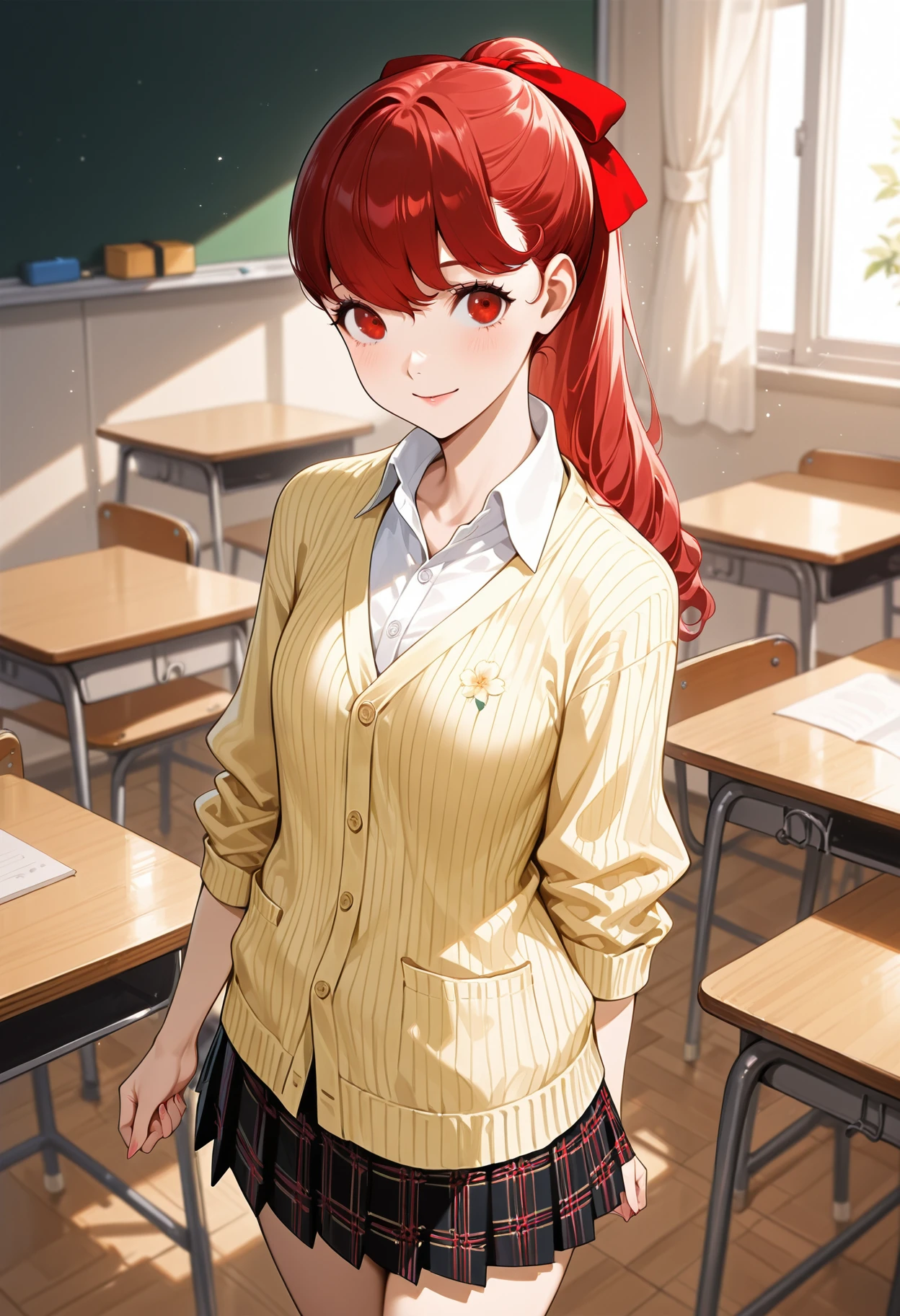 (masterwork, masterpiece, best quality, hyper-detailed :1.2),
1 girl, solo, cowboy shot, looking at viewer, smile,
p5yoshizawa, long hair, red hair, bangs, ponytail, red hair bow,
p5yoshizawa-sumuni, white collared shirt, yellow cardigan, flower embroidery, plaid pleated skirt, socks, orange loafers,
detailed background, classroom,