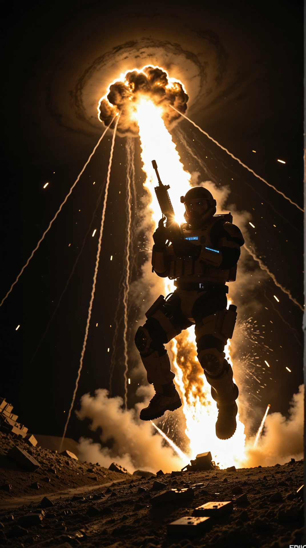 A closeup of a SFW, space marine jumping from a plane while holding a machine gun, explosions in the background, epic action scene, movie still,