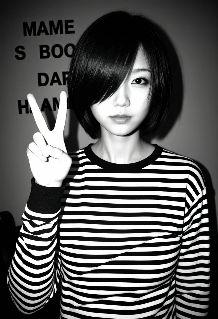 <lora:dmd2_4_steps_color_fix:1>,photography, 1girl, striped shirt, greyscale, monochrome, solo, realistic, shirt, striped clothes, english text, looking at viewer, long sleeves, asian, upper body, horror \(theme\), parody, hair over one eye, short hair, v