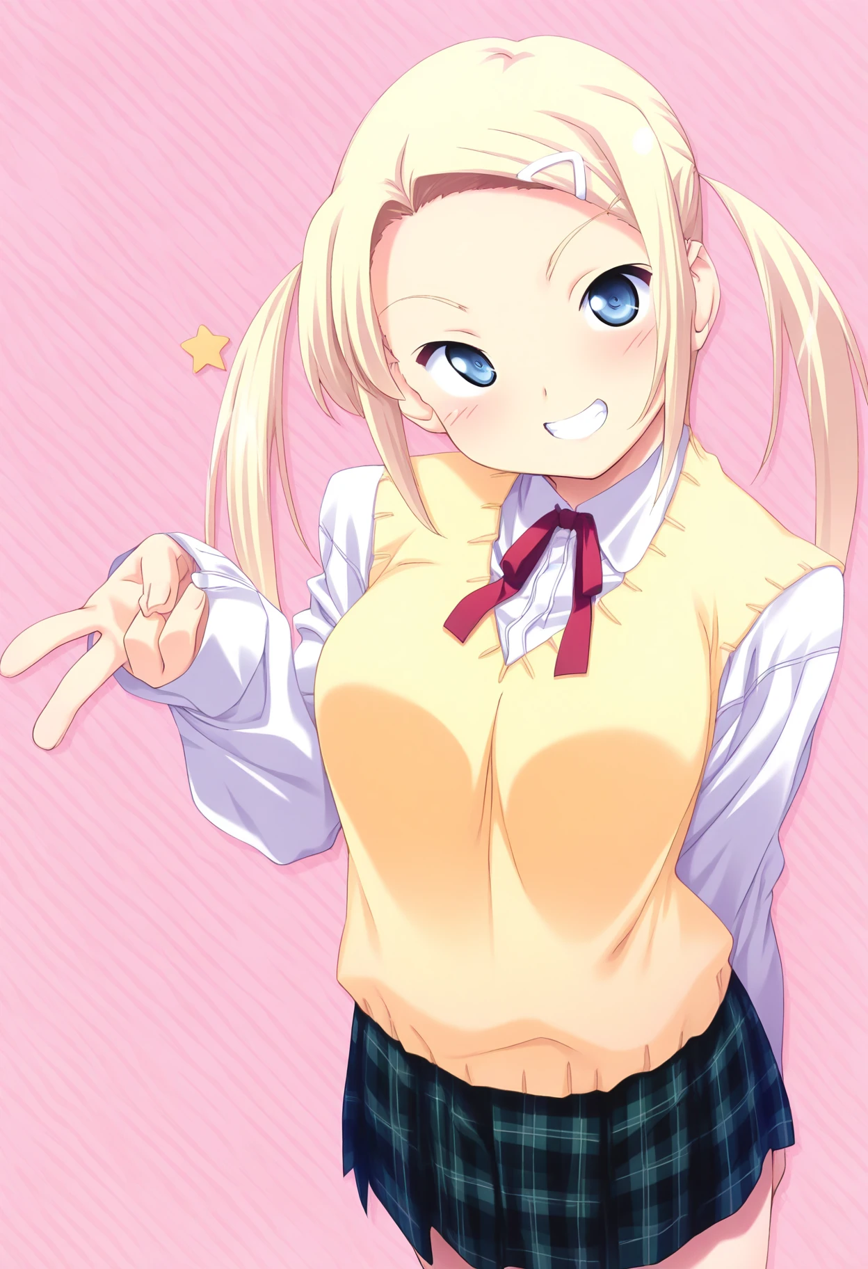 masterpiece, 1girl, ct_yuzu, blonde hair, twintails, long hair, white hairclip, white collared shirt, long sleeves, yellow sweater vest, red neck ribbon, plaid skirt, c-gya, v, looking at viewer, simple background, arm behind back, grin,
