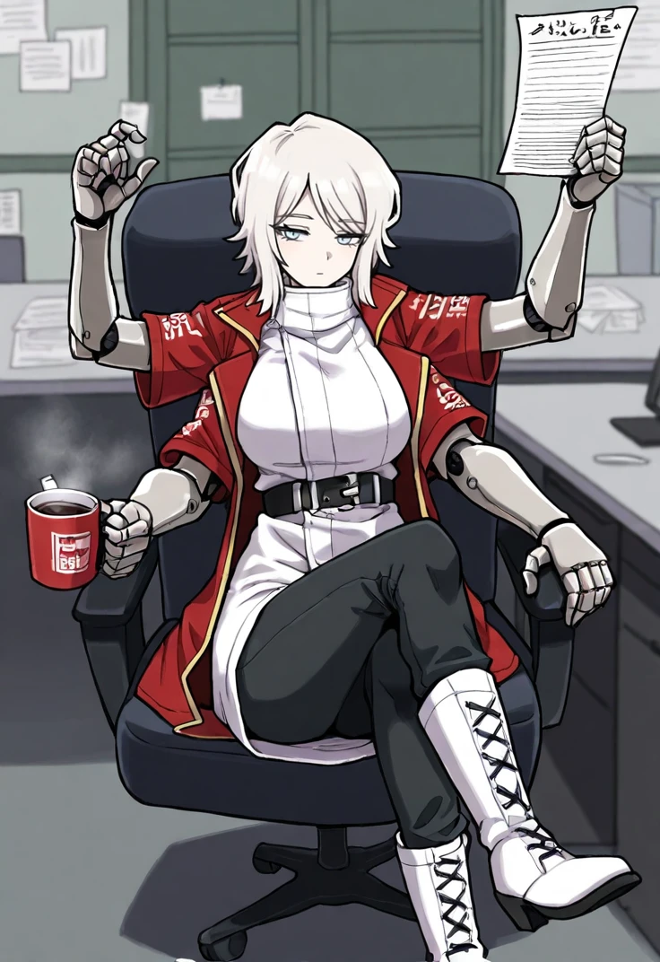 masterpiece, perfect face, beautiful face, perfect hands, beautiful hands, <lora:Faust_Limbus_Illustrious:1>, 1girl, solo, FaustLimbus, FaustLimbus, white hair, short hair, blue eyes, FaustMultiCrack, multiple arms, extra arms, mechanical arms, white robe, black belt, black pants, white boots, red coat, short sleeves, indoors, office, sitting on office armchair, holding paper, drink coffee, holding mug, emotionless face, crossed legs
