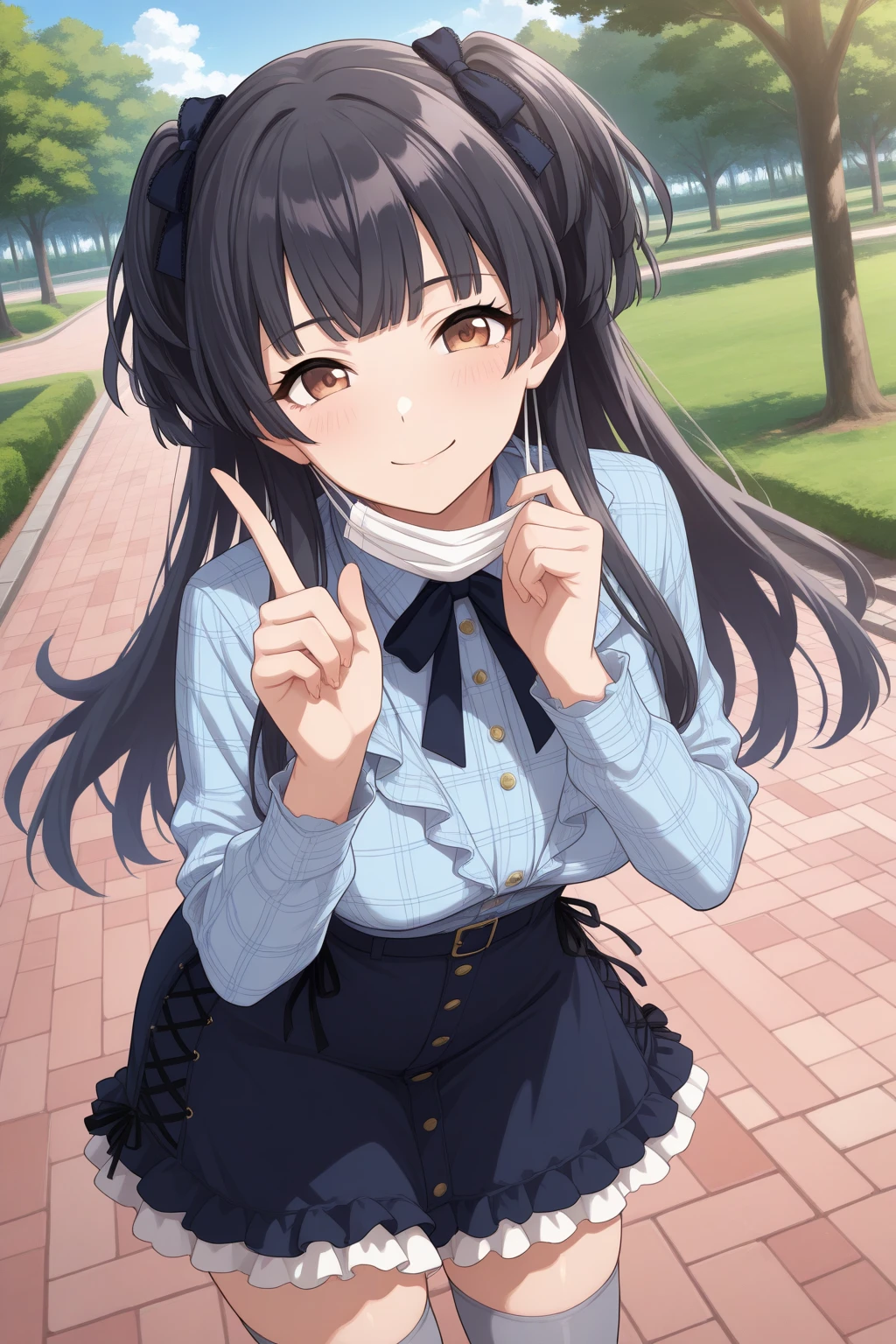 very awa, detailed eyes, shining eyes, masterpiece, best quality, ultra-detailed, (8k), (hdr), (ultra-detailed), absurdres, looking at viewer, solo, 1girl, girl, outdoors, park, day, blue sky, smile, aafuyuko, brown eyes, black hair, two side up, black hair ribbon, fuyokoblue, black neck ribbon, blue dress shirt, plaid shirt, long sleeves, black belt, black skirt, frilled skirt, high-waist skirt, cross-laced skirt, grey thighhighs, frills, ((standing, leaning forward, index finger raised, surgical mask, mask pull, cowboy shot))