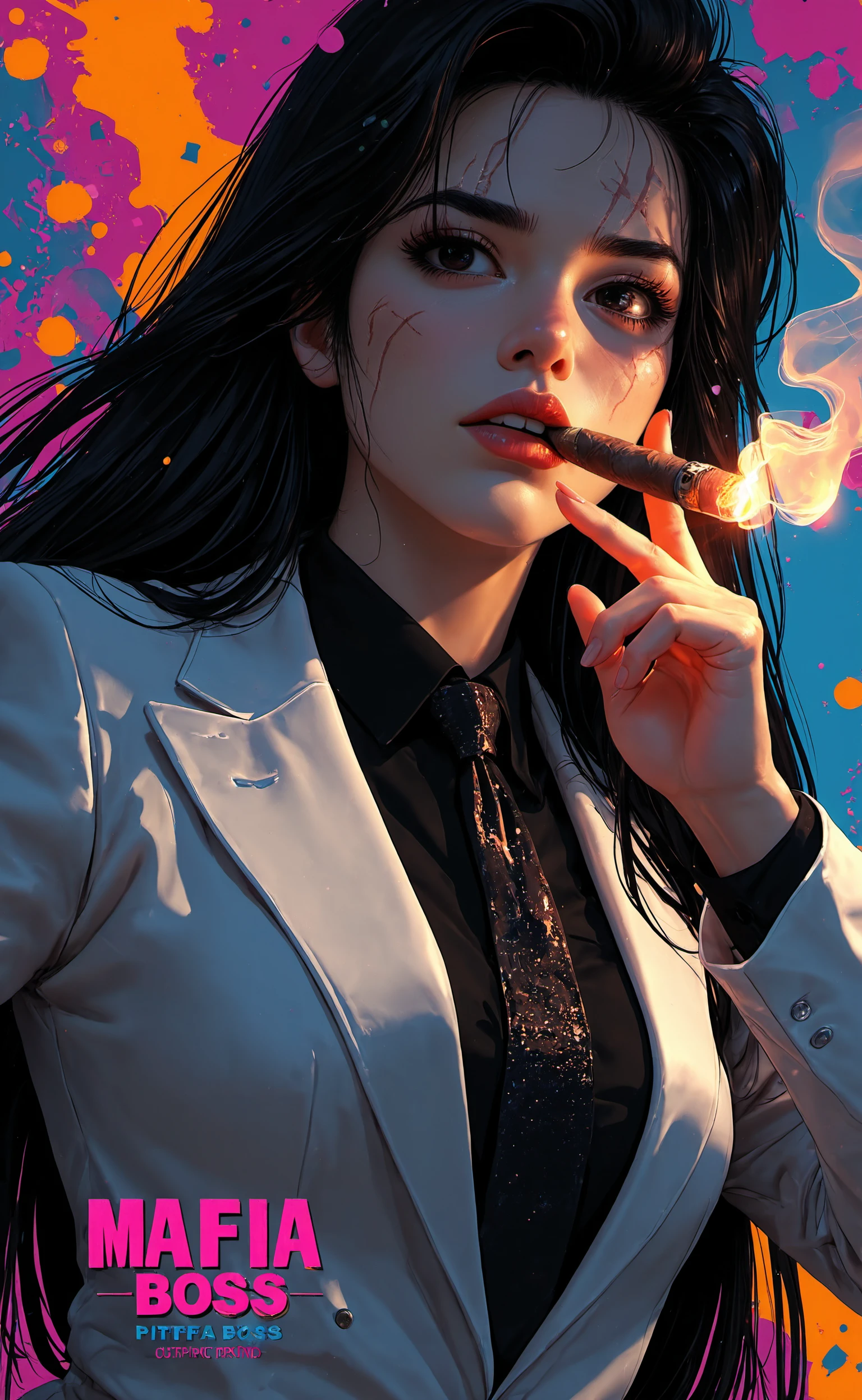 dutch angle, cinematic, expressive, dynamic pose, titled angle,
1girl, retro, mafia boss, white suit, scar on face, cigar, popart,