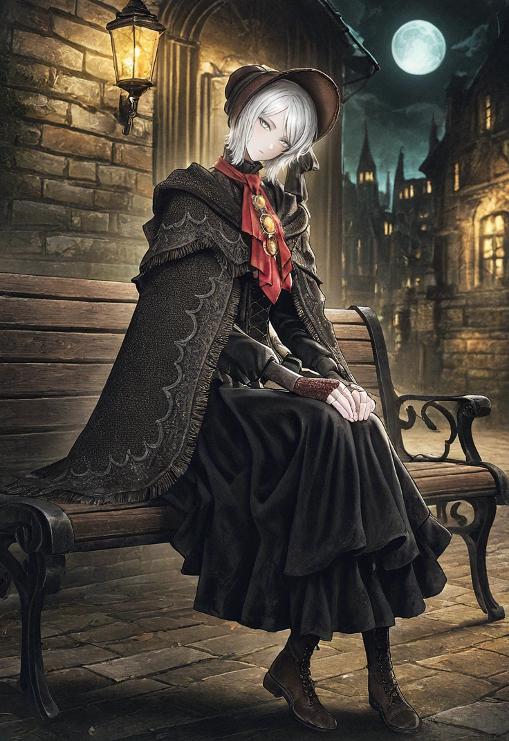 masterpiece, perfect face, beautiful face, perfect hands, beautiful hands, <lora:Faust_Limbus_Illustrious:1>, 1girl, solo, FaustLimbus, white hair, short hair, blue eyes, <lora:thedollbloodborneIL:1>, doll hands, dark brown bonnet, black ribbon, dark brown cape with fringes, dark brown corset dress, long sleeves, red neckerchief, gold brooch, fingerless gloves, brown boots, outdoors, night, ruined gothic city, sitting on grey bench, hands on knees, looking at viewer, emotionless face, head tilt