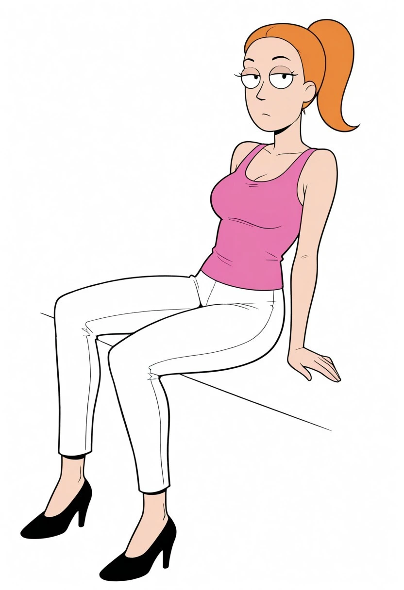 1girl, solo, summersmithILL, ponytail, orange hair, pink tank top, white pants,