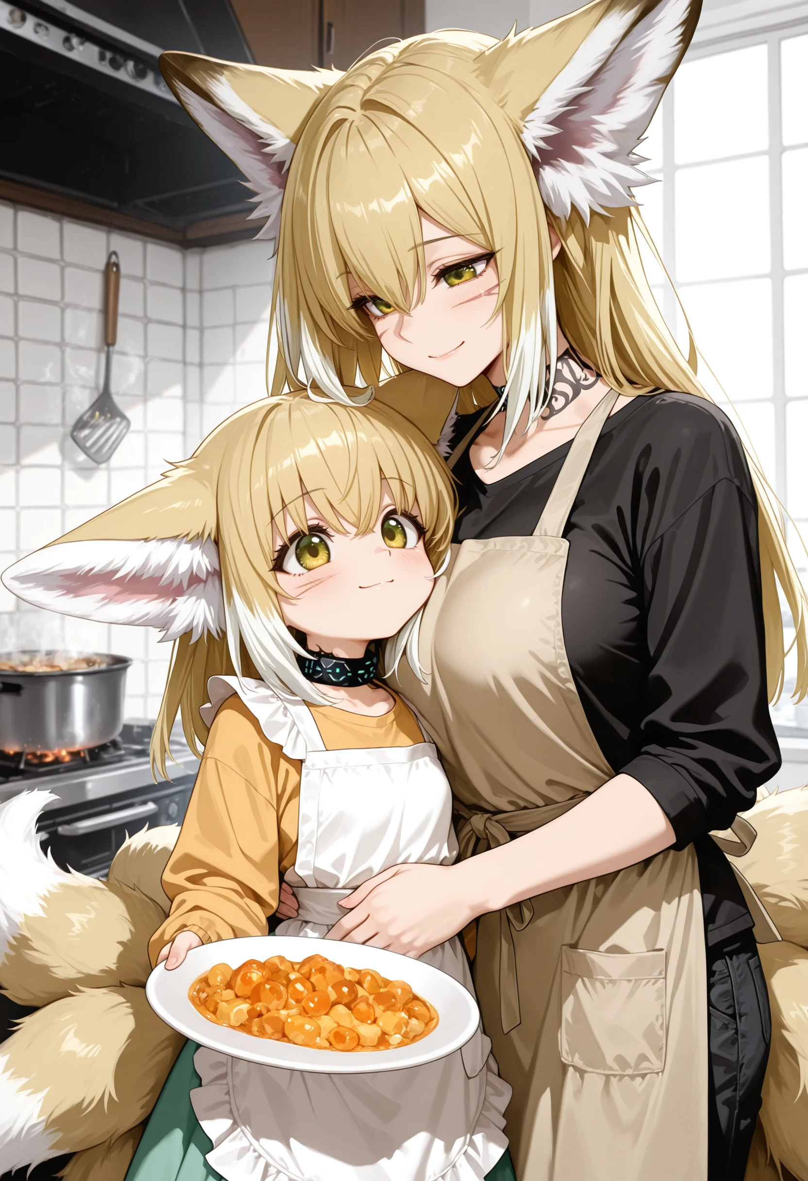 masterpiece,best quality,amazing quality, vulpisfoglia, alternate costume, fox girl, scar on cheek, blonde hair, smile, yellow eyes,neck tattoo, apron, kitchen, cooking, pants, shirt, suzuran,2girls, green eyes, mother and daughter, general, infection monitor,holding plate, hug
<lora:Vulpisfoglia (Illustrious) v1:0.8>