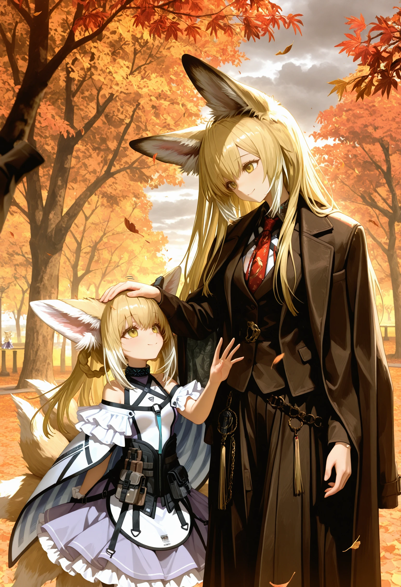 masterpiece,best quality,amazing quality, vulpisfoglia, fox girl,blonde hair, yellow eyes, official costume, autumn, wind, suzuran \(arknights\), walking, green eyes, coat on shoulders, red necktie, park, falling leaves, tassel,cloudy, looking at another, smile, headpat, reaching reaching towards another,
<lora:Vulpisfoglia (Illustrious) v1:1>