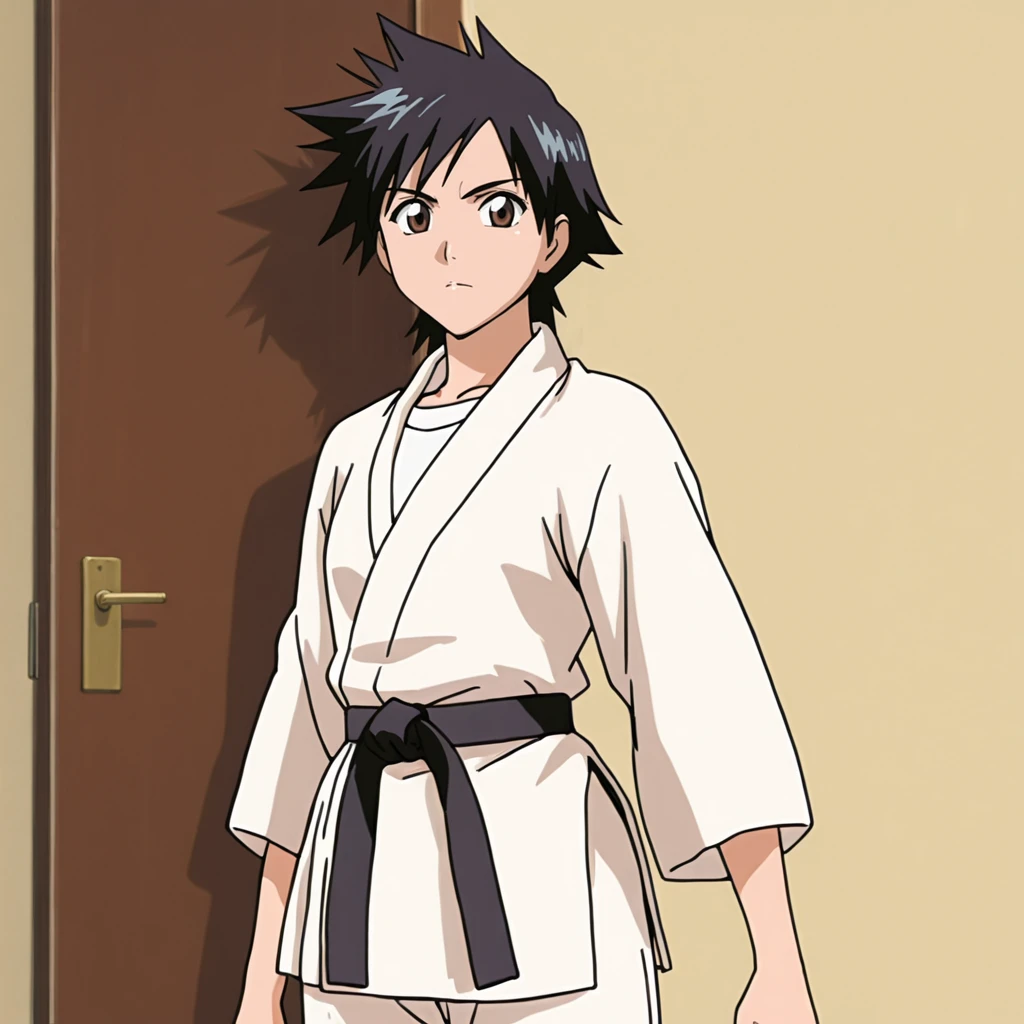 <lora:Tatsuki_illustrious_v1:1> TatsukiGi, black hair, dougi, brown eyes, short hair, 1girl, spiked hair, belt, cowboy shot