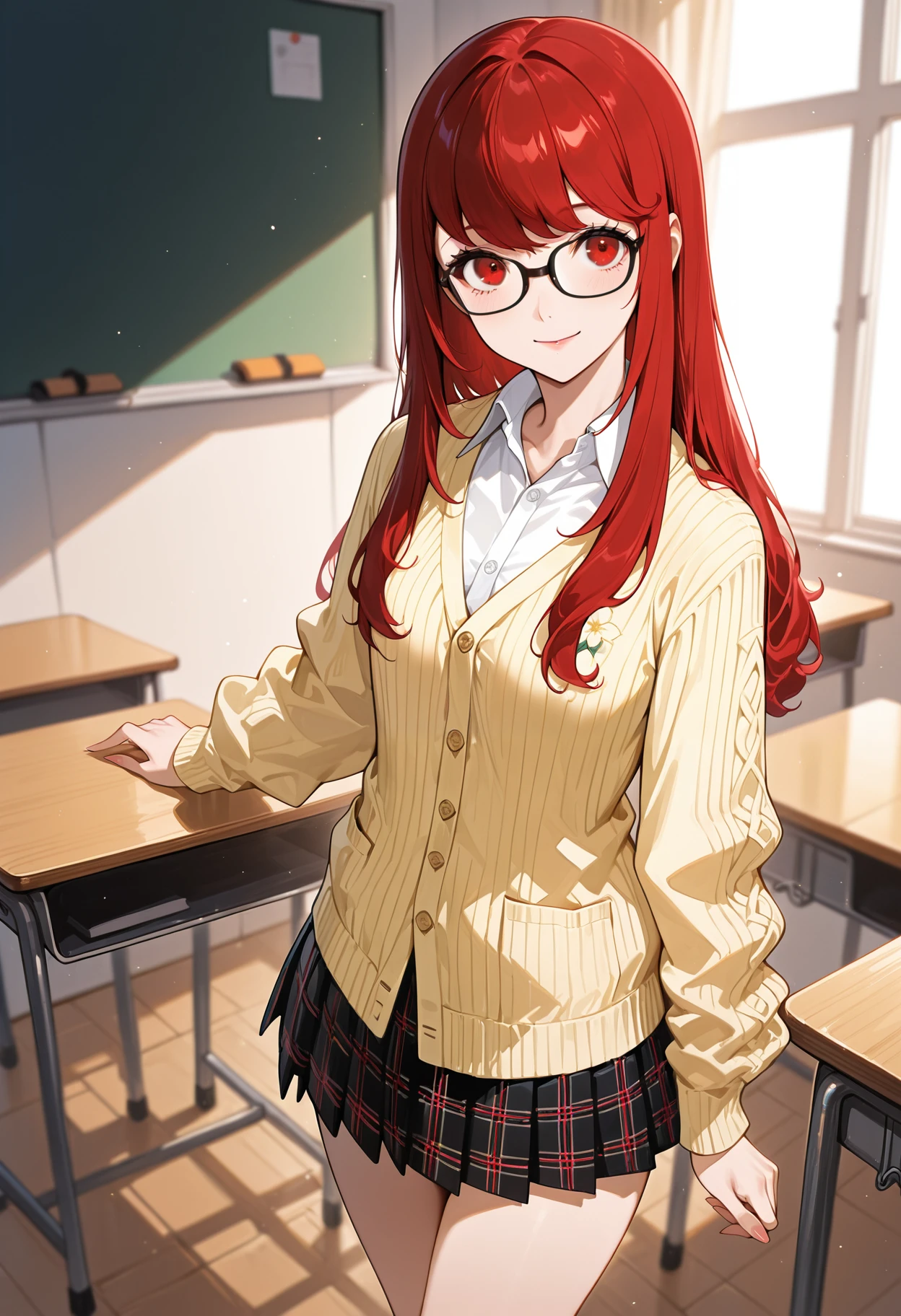 (masterwork, masterpiece, best quality, hyper-detailed :1.2),
1 girl, solo, cowboy shot, looking at viewer, smile,
p5yoshizawa, long hair, red hair, hair down, bangs, glasses, black-framed eyewear,
p5yoshizawa-sumuni, white collared shirt, yellow cardigan, flower embroidery, plaid pleated skirt,
detailed background, classroom,