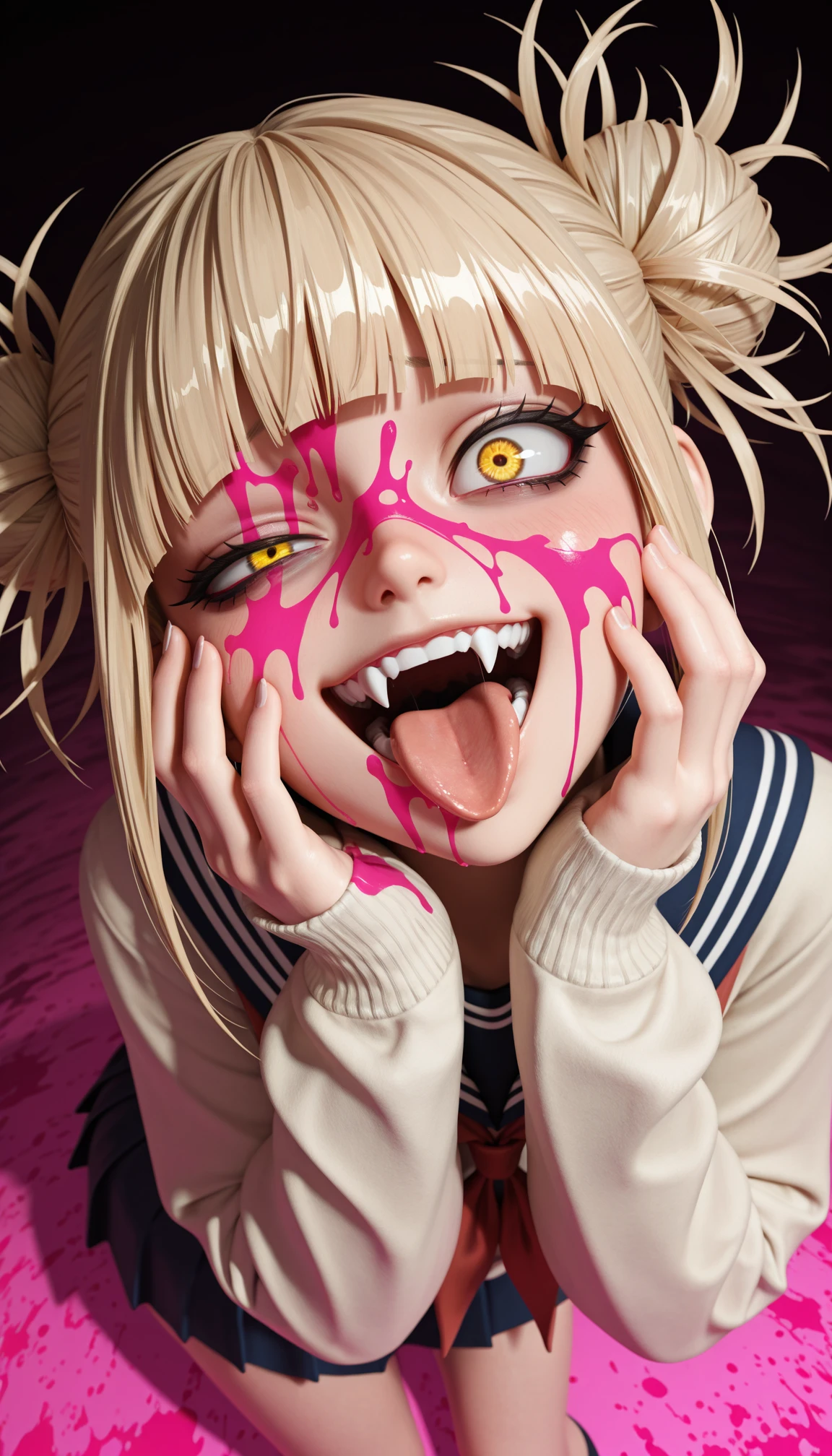 masterpiece, best quality, amazing quality, 4k, very aesthetic, high resolution, ultra-detailed, absurdres, newest, scenery, 3d, rendered, dark, rim light, 1girl, toga himiko, glowing yellow eyes, crazy eyes, wide-eyed, very big eyes, sanpaku, (uneven eyes:1.2), (raised inner eyebrows:1.2), crazy smile, shaded face, teeth, fangs, (open mouth:1.2), tongue out, lip licking, double bun, (blood covering face, face covered with blood, pink blood:1.4), (hands on own cheek:1.2), school uniform, sleeves past wrists, from above, looking up, (upturned eyes:1.2), (dutch angle:1.2), (head tilt:1.2), twisted torso, leaning forward, (pink:0.7) colorful background, backlighting, wide shot, fisheye, BREAK, hands, fingers, mouth, tongue, ears, detailed tongue, extremely detailed, extremely detailed eyes, delicate hair, shiny skin, volumetric lighting