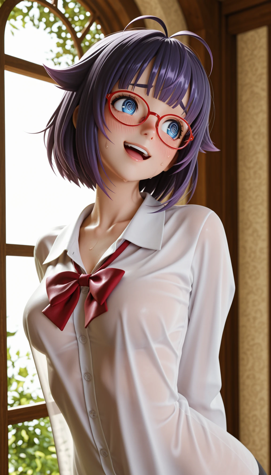 masterpiece, best quality, amazing quality, 4k, very aesthetic, high resolution, ultra-detailed, absurdres, newest, scenery, 3d, rendered, 1girl, solo, purple hair, medium bob, choppy blunt bangs, sidelocks, hair flaps, antenna hair, blue eyes, round eyes, tareme, smile, open mouth, wavy mouth, raised inner eyebrows, (round eyebrows:1.2), full-face blush, @ @, sweatdrop, medium breasts, round red-framed glasses, loose oversized collared white shirt sleeves past wrists, loose tilted red bowtie, collarbone, messy hair, looking away, embarassed, arms behind back, shrugging, arched back, window, dappled sunlight, back light, rim light, see-through_silhouette, upper body, (head tilt:1.2), facing up, facing another, dutch angle, BREAK, delicate hair, volumetric lighting