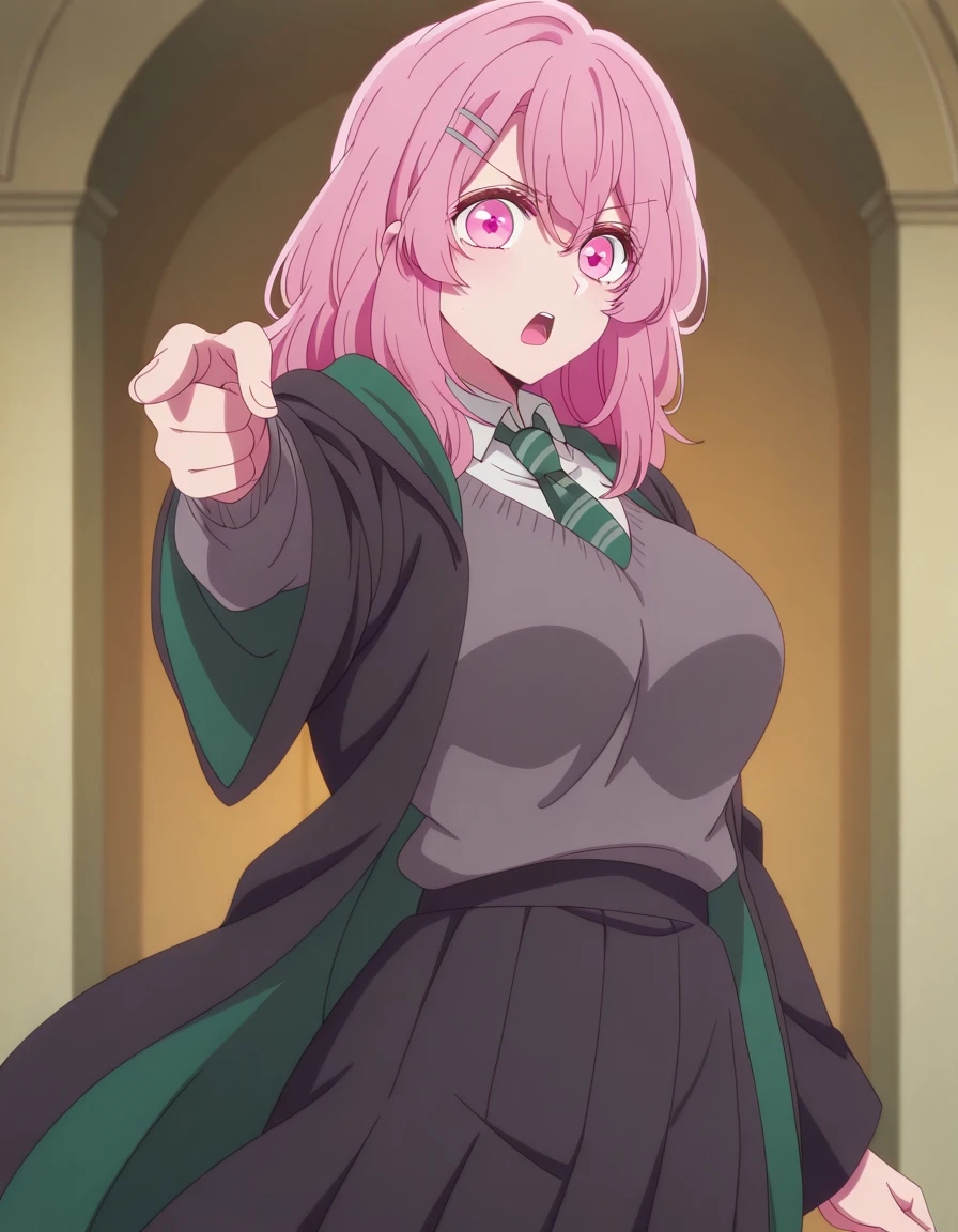 masterpiece, best quality, amazing quality,, <lora:minami-kotobuki-s1s2-illustriousxl-lora-nochekaiser:1>, minami kotobuki, kotobuki minami, long hair, bangs, hair ornament, hair between eyes, pink hair, hairclip, medium hair, pink eyes, mature female, breasts, anime screencap, <lora:hogwarts-uniform-illustriousxl-lora-nochekaiser:1>, hogwarts uniform, slytherin, black robe, necktie, striped necktie, collared shirt, sweater, pleated skirt, grey sweater,, <lora:jotaro-kujo-pose-illustriousxl-lora-nochekaiser:1>, jotaro kujo pose, kujo jotaro's pose (jojo), jojo pose, pointing, pointing at viewer, cowboy shot, determined, open mouth, , ,