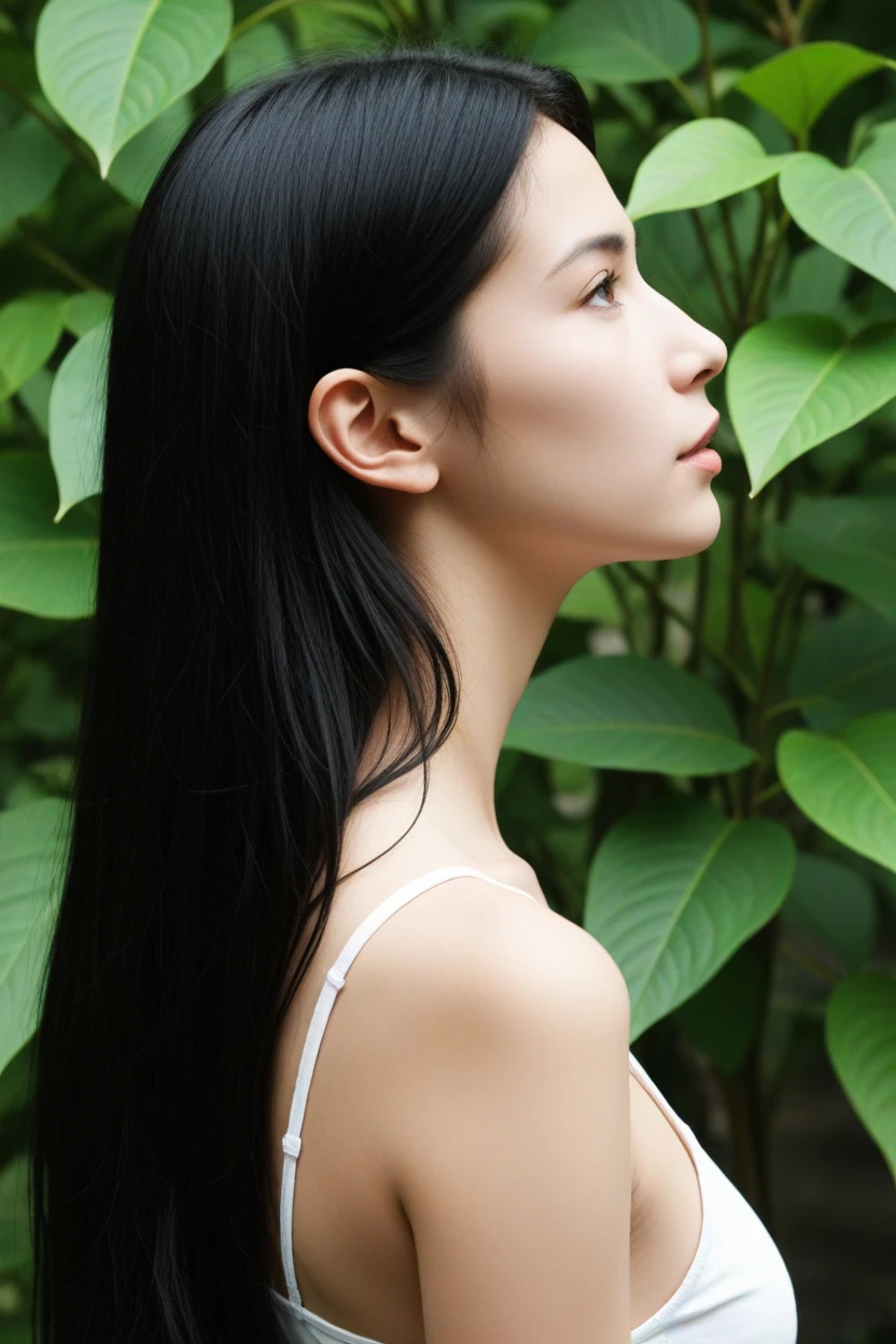 <lora:dmd2_4_steps_color_fix:1>1girl, solo, realistic, black hair, long hair, photorealistic, leaf, lips, profile, bare shoulders, black eyes, painting \(medium\), blurry, outdoors, upper body, day