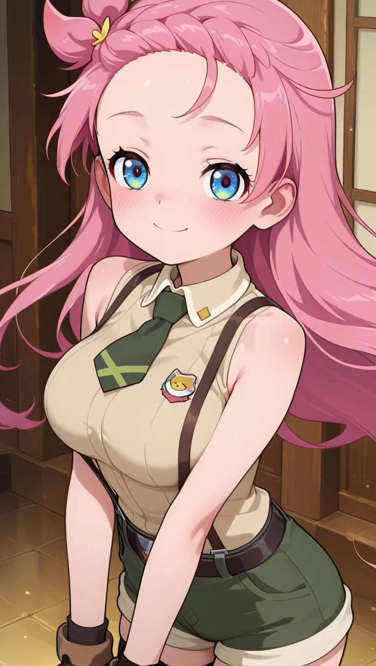 (masterpiece),best quality,amazing quality,very aesthetic,absurdres,newest,perfect body,shiny skin,perfect eyes,detail1eye,well-defined fingers,well-defined fingernails,anime style,indoors,1girl,solo,upper body,(portrait:1.5),looking at viewer,facing viewer,smile,blush,Medalist anime style,Novice female,Novice female uniform,very long hair,pink hair,floating hair,bangs,blue eyes,half-closed eyes,collared shirt,sleeveless shirt,beige shirt,large breasts,dark green necktie,bare arms,fingerless gloves,black belt,suspender shorts,green shorts,short shorts,shorts rolled up,zettai ryouiki,black thighhighs,boots,<lora:TNT-Novice female(tnt)-Illus:1.6>,<lora:Medalist anime[style]-Illus :2>,