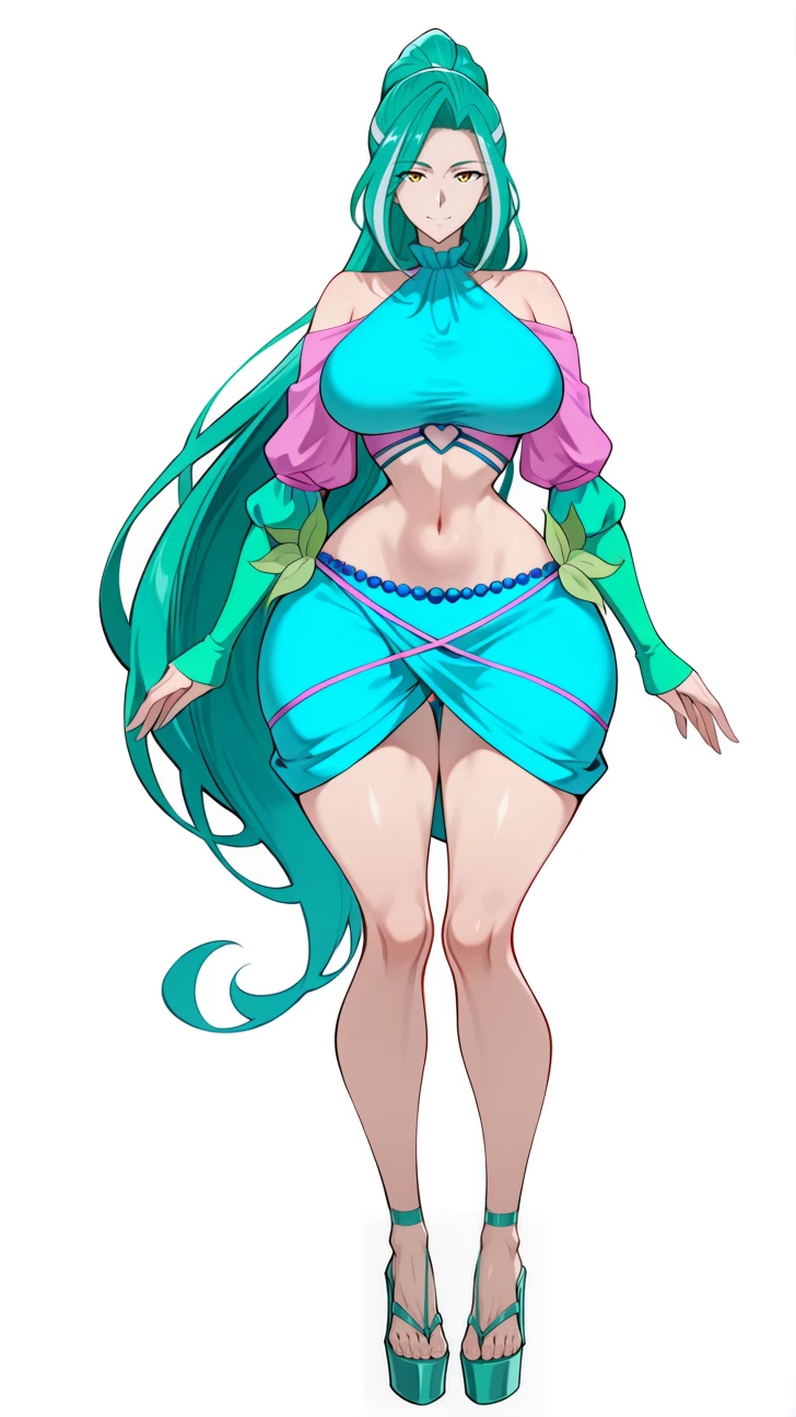 Expressive, score_9, score_8_up, score_9_up, Touhou, masterpiece, high quality, highly detailed, 1girl, kochiya sanae, solo, green hair, long hair, green eyes, long hair, big breasts, blush, round breasts,,,,,, frog hair ornament, hair tubes, snake hair ornament,,,, thin waist, sit on stool, white background,, virgin killer sweater,