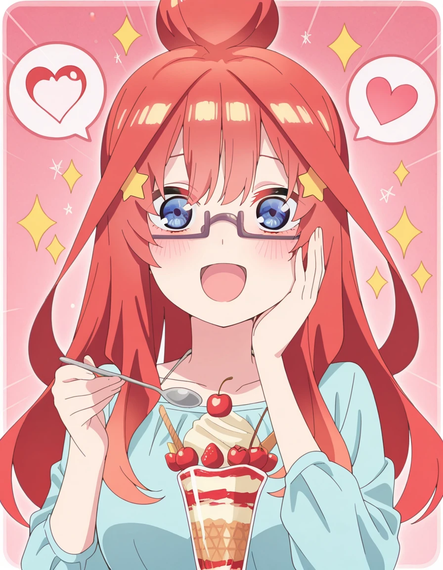 masterpiece, best quality, amazing quality,, <lora:itsuki-nakano-honeymoon-illustriousxl-lora-nochekaiser:1>, itsuki nakano, long hair, blue eyes, hair ornament, red hair, glasses, hair bun, star (symbol), semi-rimless eyewear, under-rim eyewear, star hair ornament, mature female, breasts, anime screencap, <lora:parfait-illustriousxl-lora-nochekaiser:1>, parfait, open mouth, heart, food, sparkle, fruit, happy, hand on own face, spoken heart, ice cream, strawberry, spoon, hand on own cheek, cherry, holding spoon, , ,