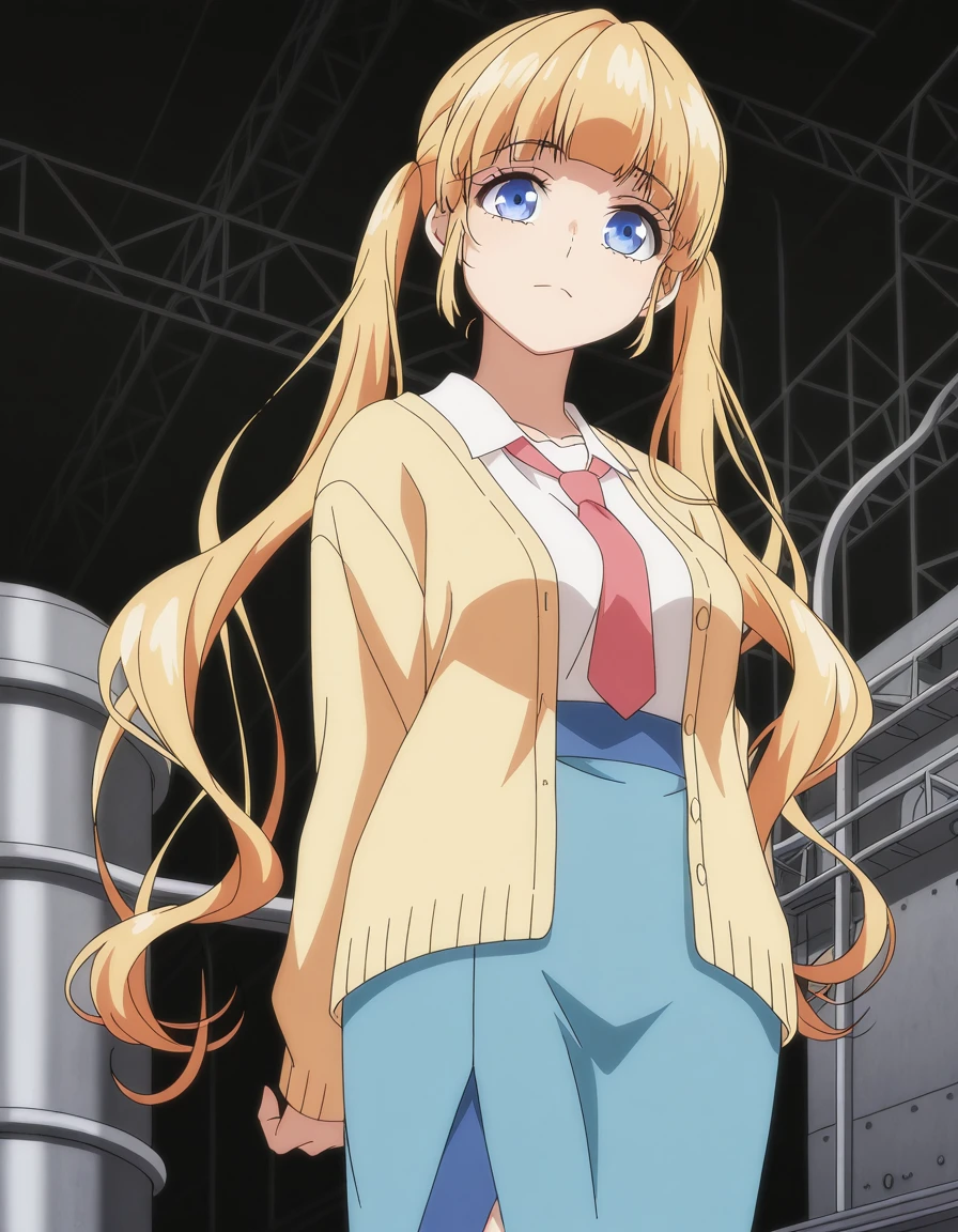 masterpiece, best quality, amazing quality,, <lora:sena-narumi-s1-illustriousxl-lora-nochekaiser:1>, sena narumi, long hair, blue eyes, blonde hair, twintails, mature female, medium breasts, anime screencap, shirt, necktie, cardigan, white shirt, collared shirt, yellow cardigan, skirt, blue skirt,, from below, industrial, machinery, metal, large, factory, cowboy shot, solo, looking at viewer,