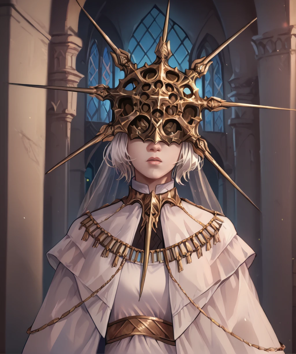 score_9, score_8_up, score_7_up, score_6_up, score_5_up, score_4_up, 
gwyndlnxl, white hair, short hair, gold helmet, veil, 
gold jewelry, white dress, capelet, 
cathedral,  dusk,  
standing, upper body, 
indoors,  hall, 
<lora:GwyndolinDSXL:1>,