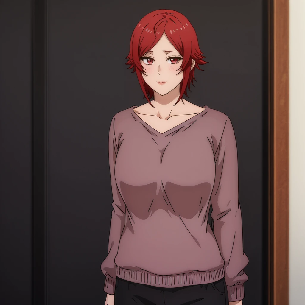 <lora:Tomo_illustrious_v1:1>TomoLongShirt, 1girl, red hair, short hair, red eyes, black pants, breasts, collarbone, sweater, long sleeves, cowboy shot