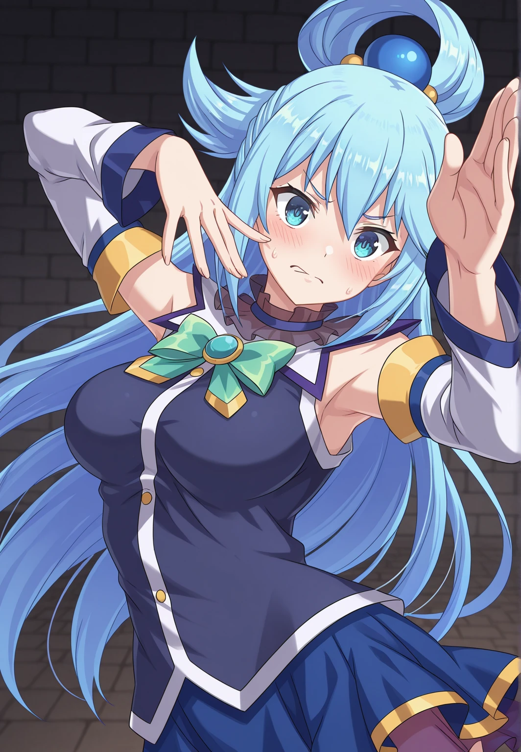 masterpiece,best quality,amazing quality, jojo pose, 1girl, aqua \(konosuba\), solo, KonosubaFantasticDays-Liver020