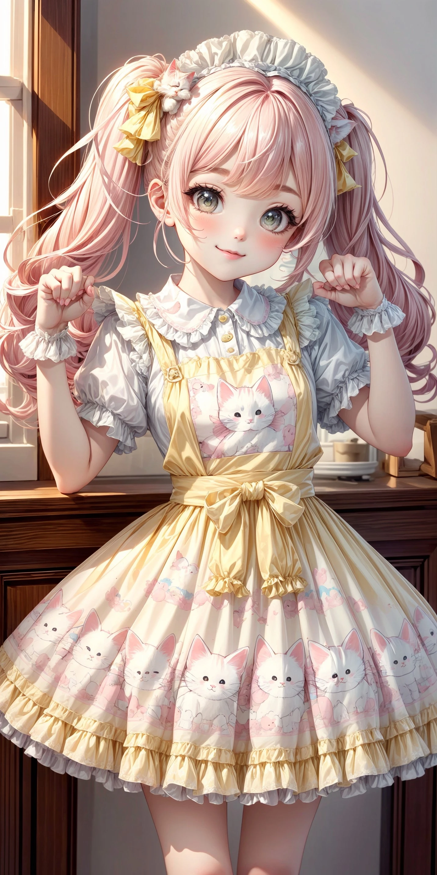 (front facing, facing viewer) 1girl, straight hair, long hair, twintails, smile, blush, ((paw pose)), pastel yellow white and pastel pink cute kitten and present print ta_dress, white and pastel yellow (peter pan collar), white buttoned lace-trimmed undershirt, light yellow lace-trimmed frilled bodice, white and pastel pink cute kitten applique, (white and pastel pink cute kitten applique attached to bodice), pastel yellow small thin ribbons, pastel yellow pompons attached to chest_ribbons, white lace-trimmed (puffy short sleeves), pastel yellow and white striped waist sash, cat print, pastel yellow white and pastel pink long attached cute kitten and present print dress_skirt, (cute kitten and present print on dress_skirt), light yellow and white striped hemline, yellow (sheer organza pompon filled waist_apron), yellow apron, light yellow ruffles, white_frills, white lace, white ornate lace trim, <lora:more_details:0.7>, <lora:scene_:0.5>, <lora:FashionComplexityEnhancerLORAv1:0.4>, <lora:3fa442c2-99f3-44a5-ae5e-fd458f42edd4:0.6>, <lora:96073874-f082-4683-942e-601cecac5c40:0.3>, <lora:f7d08feb-f21d-42d0-9ef1-a9481867524d:0.3>, <lora:5844635f-c9c3-4f9e-85c4-d0d40f201159:0.3>, <lora:dde4416e-9f24-48d4-a965-d989baea5d73:0.2>, ,