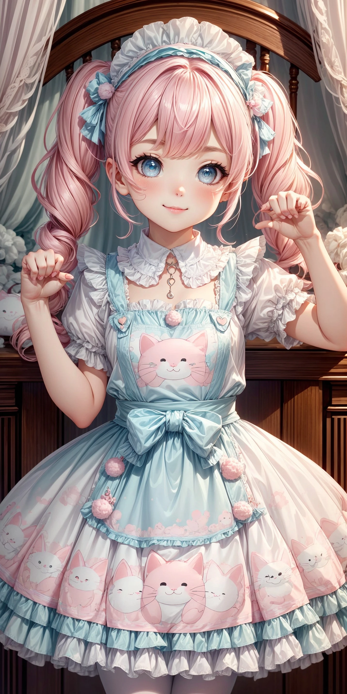 (front facing, facing viewer) 1girl, straight hair, long hair, twintails, smile, blush, ((paw pose)), pastel pink white and pastel blue cute kitten and present print ta_dress, white and pastel pink (peter pan collar), white buttoned lace-trimmed undershirt, light pink lace-trimmed frilled bodice, white and pastel blue cute kitten applique, (white and pastel blue cute kitten applique attached to bodice), pastel pink small thin ribbons, pastel pink pompons attached to chest_ribbons, white lace-trimmed (puffy short sleeves), pastel pink and white striped waist sash, cat print, pastel pink white and pastel blue long attached cute kitten and present print dress_skirt, (cute kitten and present print on dress_skirt), light pink and white striped hemline, pink (sheer organza pompon filled waist_apron), pink apron, light pink ruffles, white_frills, white lace, white ornate lace trim, <lora:more_details:0.7>, <lora:scene_:0.5>, <lora:FashionComplexityEnhancerLORAv1:0.4>, <lora:3fa442c2-99f3-44a5-ae5e-fd458f42edd4:0.6>, <lora:96073874-f082-4683-942e-601cecac5c40:0.3>, <lora:f7d08feb-f21d-42d0-9ef1-a9481867524d:0.3>, <lora:5844635f-c9c3-4f9e-85c4-d0d40f201159:0.3>, <lora:dde4416e-9f24-48d4-a965-d989baea5d73:0.2>, ,