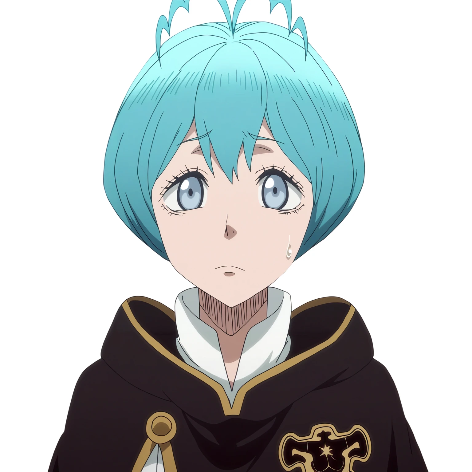 sharp focus, pixiv masterpiece, source_anime, score_9, absurd res, high res, (anime_screencap:1.2)
<lora:Grey_blackclover_IL_v36-000015:1>, masterpiece, best quality, score_9, grey_bc, 1girl, solo, grey-blue_eyes, cyan_hair, short_hair, antenna_hair, black_capelet, high-waisted_pants, sleeveless_shirt, portrait, white background, simple background