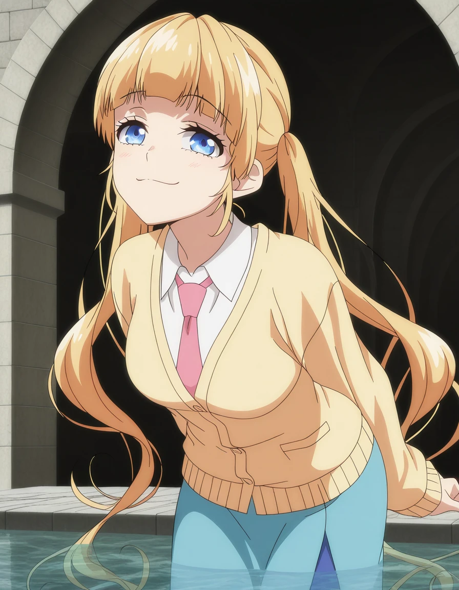 masterpiece, best quality, amazing quality,, <lora:sena-narumi-s1-illustriousxl-lora-nochekaiser:1>, sena narumi, long hair, blue eyes, blonde hair, twintails, mature female, medium breasts, anime screencap, shirt, necktie, cardigan, white shirt, collared shirt, yellow cardigan, skirt, blue skirt,, bent over, smug,, aqueduct, water, stone, arches, ancient, cowboy shot, solo, looking at viewer,