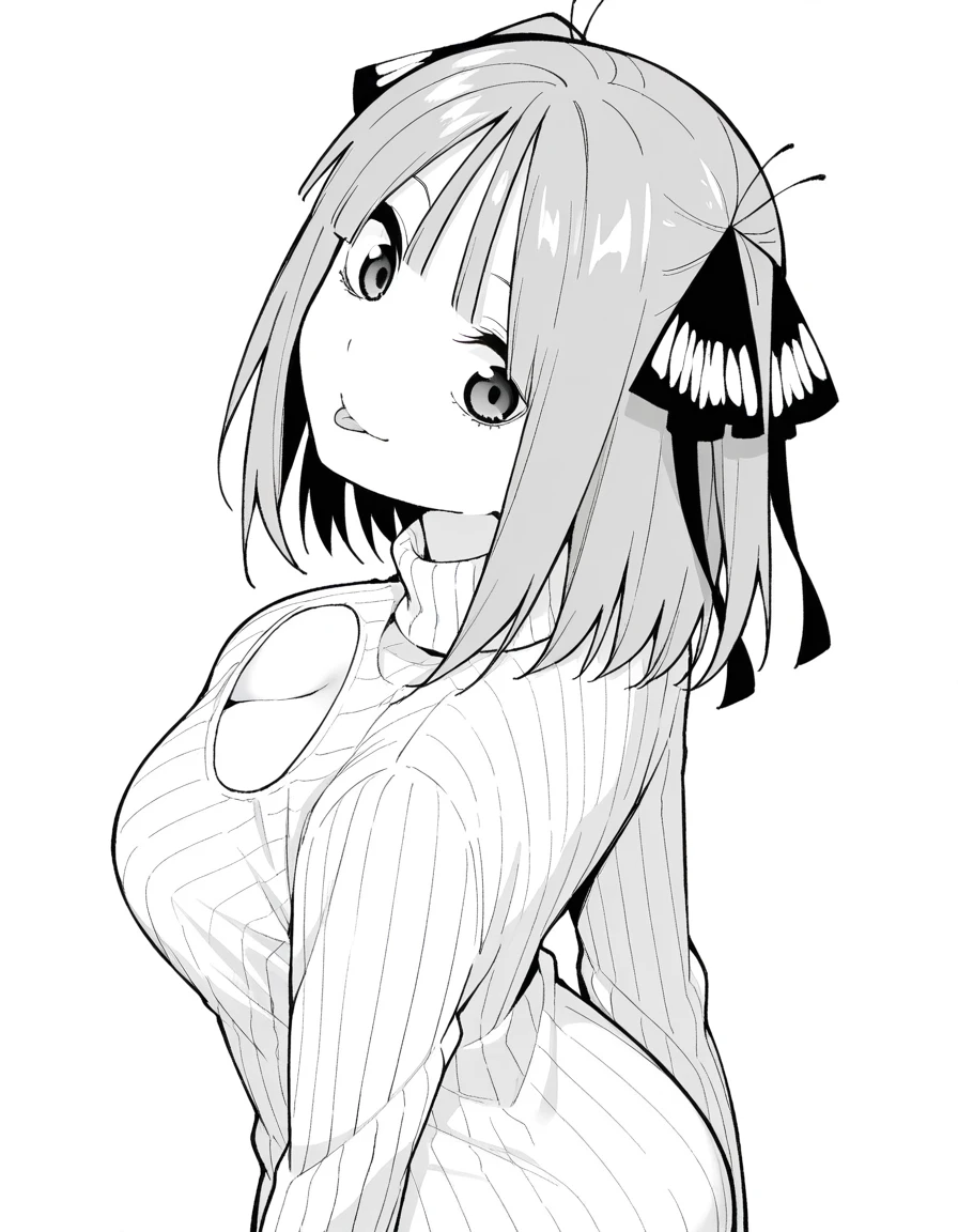 masterpiece, best quality, amazing quality,, <lora:nino-nakano-manga-illustriousxl-lora-nochekaiser:1>, nino nakano, nakano nino, short hair, bangs, hair ornament, hair ribbon, blunt bangs, two side up, butterfly hair ornament, monochrome, greyscale, mature female, breasts, <lora:open-chest-sweater-illustriousxl-lora-nochekaiser:1>, open-chest sweater, ribbed sweater, cleavage cutout, meme attire, clothing cutout, turtleneck, sweater dress, cleavage,, <lora:shaft-look-illustriousxl-lora-nochekaiser:1>, shaft look, looking back, from behind, head tilt, cowboy shot, smile,, tongue_out, , , ,