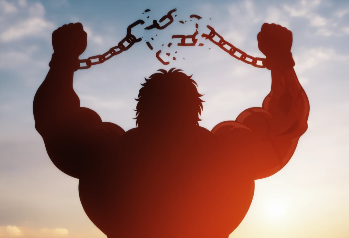 <lora:man_breaking_chain_meme-20:0.9> m6bch, silhouette, cloud, arms up, broken chain, sky, sun, from behind, cuffs, chained, upper body, 1boy, Baki_Hanma, male focus, manly, veins, manly, very muscular, very toned, muscular male:1.2, <lora:Char-Baki_Hanma-Illustrious:1>