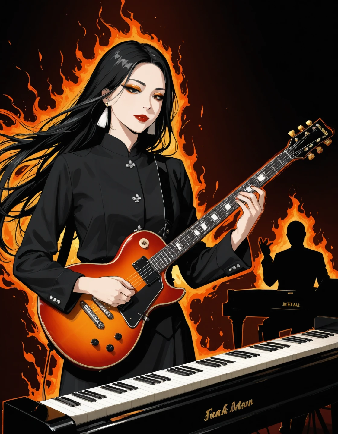 silhouette art, (east asian man:1.1) heavy metal pianist playing piano on stage, flowing hair, earrings, dark eyeshadow red lips, flying V gibson guitar with black and orange flame livery, sexy aura, silhouetted light hitting one side of her, inksketch, intricate details, 8k.,