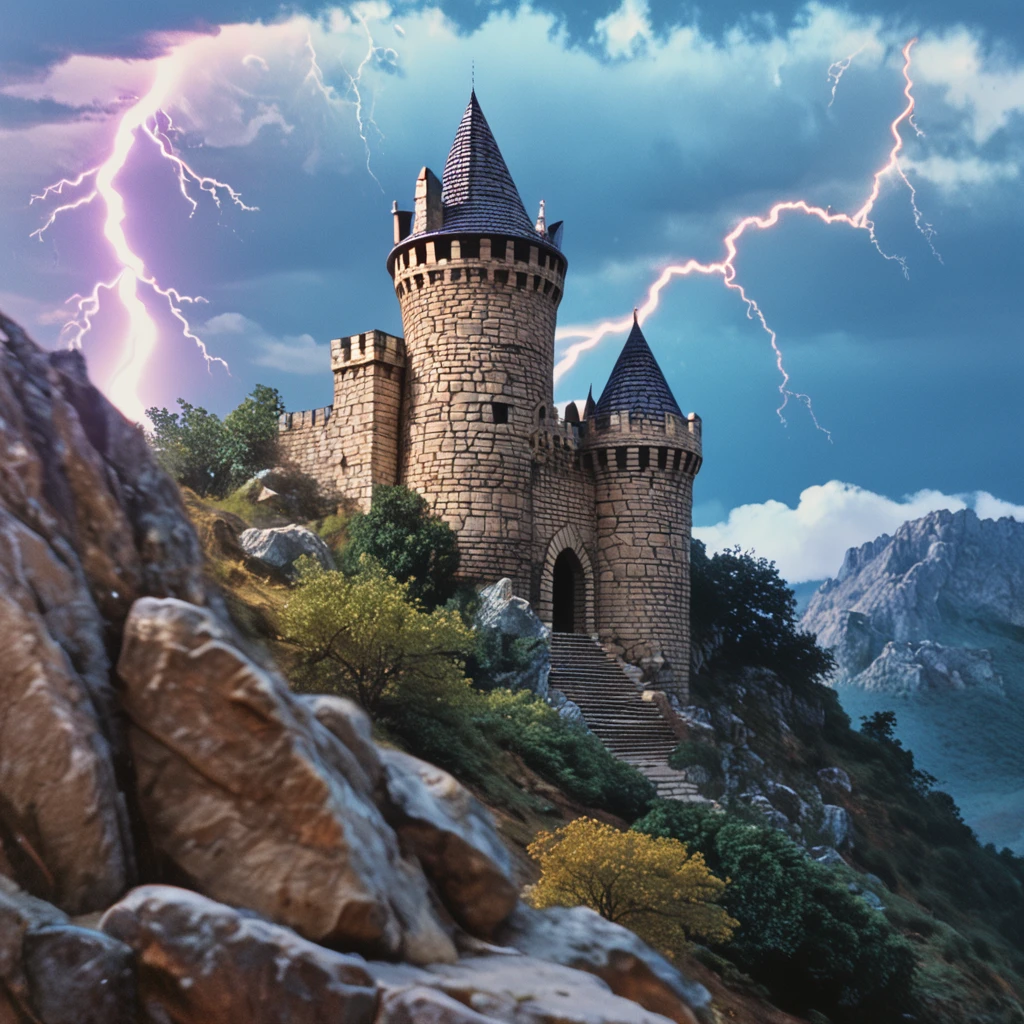 score_9, score_8_up, score_7_up, score_6_up, BREAK <lora:80sFantasyMovieMJ7Pony:1> 80s Fantasy Movie Still, The image shows a stone tower with a pointed roof on top of a hill. The tower appears to be old and weathered with cracks and chips in the stone. It is surrounded by rocks and shrubs and in the background there are mountains covered in greenery. The sky is cloudy and a lightning bolt is striking down from the sky creating a dramatic and ominous scene. The overall mood of the image is dark and ominous.
