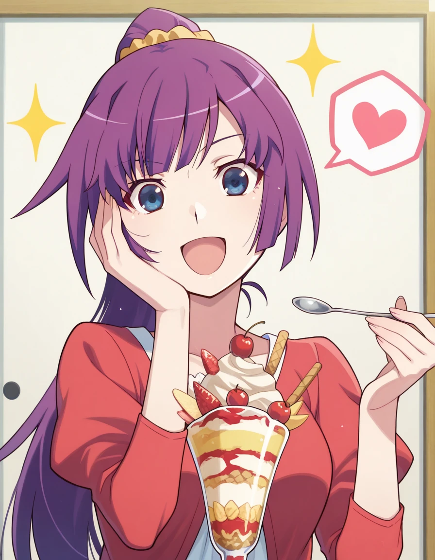 masterpiece, best quality, amazing quality,, <lora:hitagi-senjougahara-anime-illustriousxl-lora-nochekaiser:1>, hitagi senjougahara, long hair, bangs, ponytail, sidelocks, scrunchie, blue eyes, purple hair, breasts, anime screencap, <lora:parfait-illustriousxl-lora-nochekaiser:1>, parfait, open mouth, heart, food, sparkle, fruit, happy, hand on own face, spoken heart, ice cream, strawberry, spoon, hand on own cheek, cherry, holding spoon, , ,