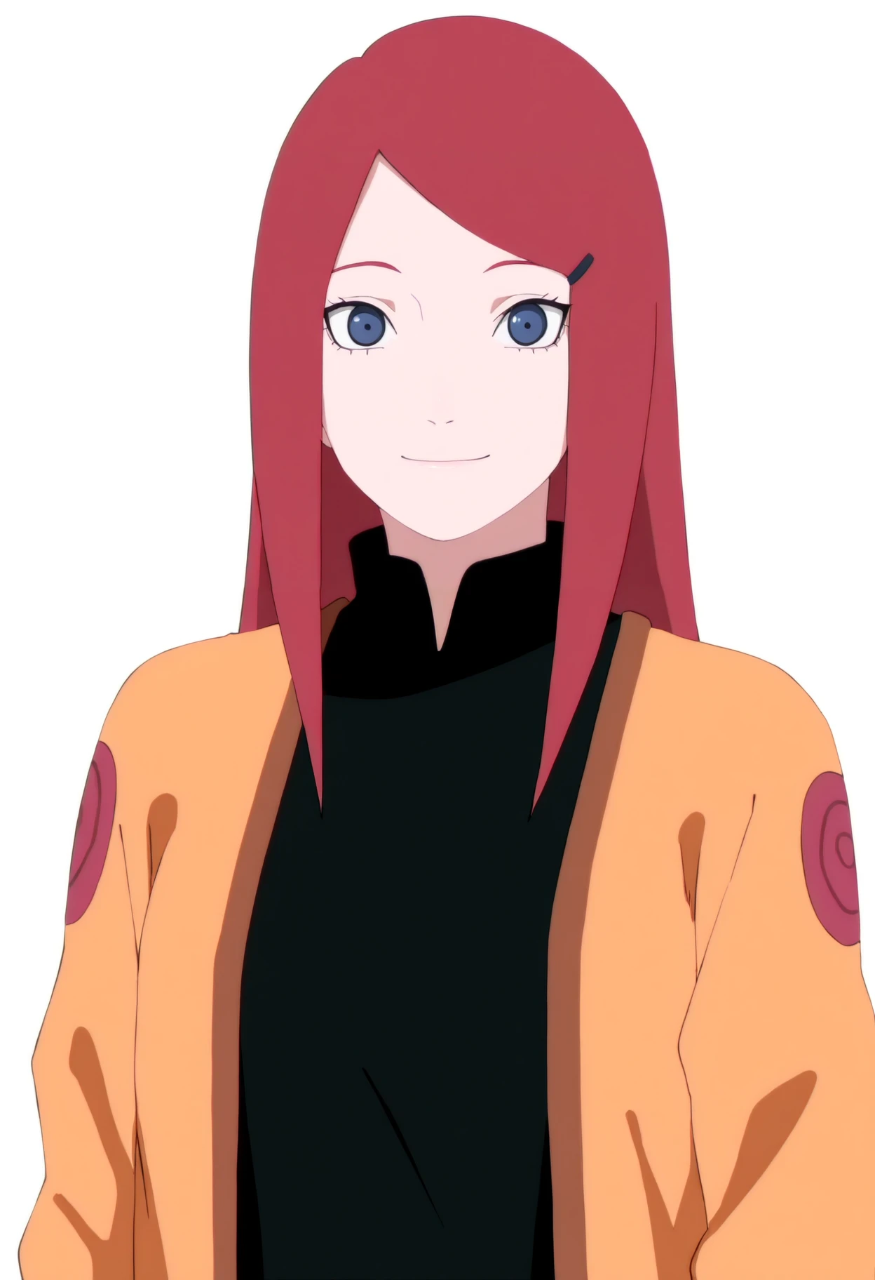 anime coloring, anime screencap, newest, (artist:keihh:0.9), (artist:ojipon:0.6), (artist:asiri senpai:0.8), (artist:eufoniuz:0.5),
1girl, kushina,  long hair, red hair, blue eyes,
orange jacket, long sleeves, black dress, open jacket,
upper body,
smile, looking at viewer, simple background, white background,  <lora:KushinaUzumakiNoobXL_byKonan:1>