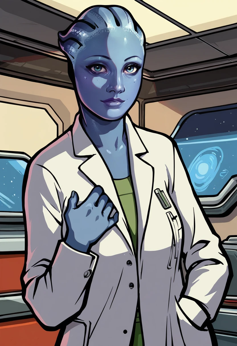 1girl, solo, Liara T'soni, alien, blue skin, inside space ship, lab coat, looking at viewer, closed mouth,  <lora:GTA_SA_StylePonyV3B:0.8> gta_sa_style, score_9, score_8_up, score_7_up,