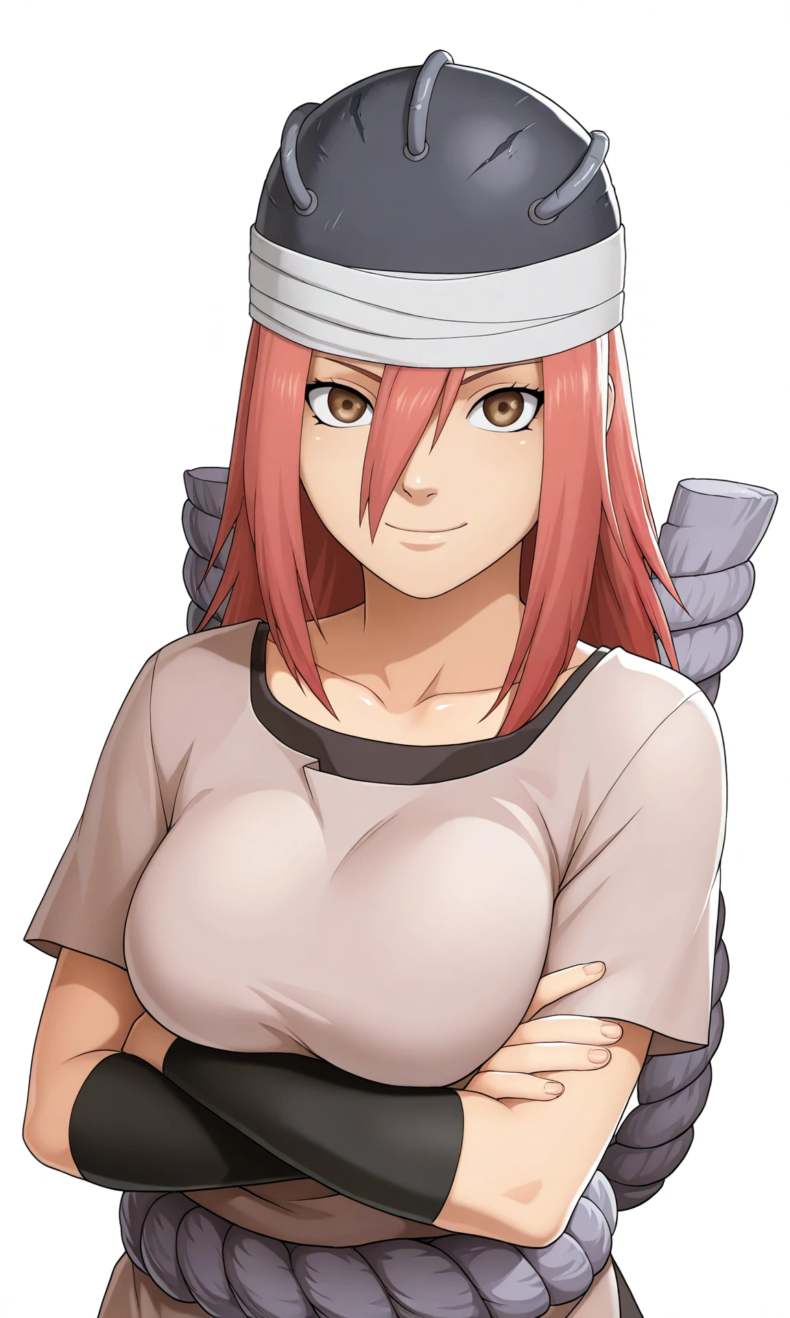masterpiece, best quality,
game cg, 
upper body,  crossed arms, 
tyyns, 1girl, solo, looking at viewer, brown eyes,  helmet, hair between eyes, 
long hair, tunic, 
arm warmers, rope, 
medium breasts,
 smile, 
white background, simple background,
<lora:Naruto_Tayuya_NAIXL:1>