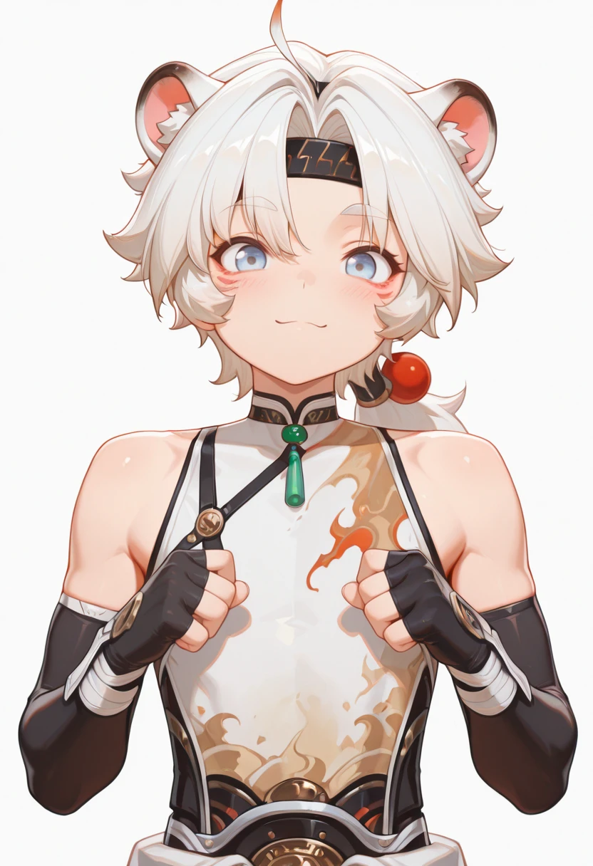 masterpiece, best quality, amazing quality, very aesthetic, high resolution, ultra-detailed, absurdres,
lingyang, 1boy, male focus, solo, gloves, white background, fingerless gloves, looking at viewer, headband, simple background, black gloves, :3, smile, upper body