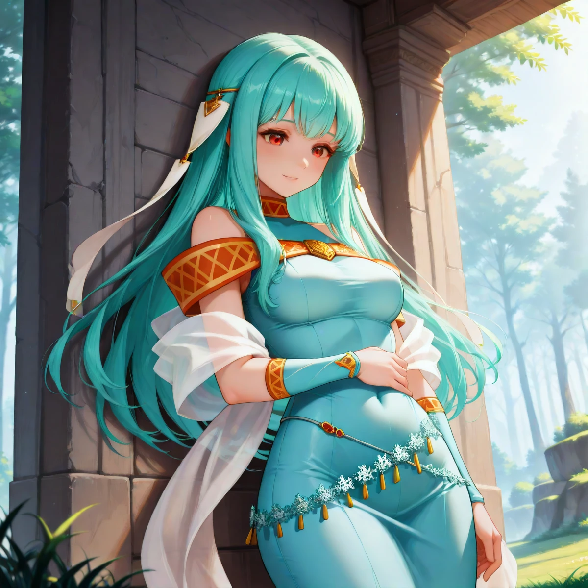 <lora:Hyper-SDXL-8steps-lora:.9>, (masterpiece),(best quality),(ultra-detailed),(best illustration),(absurdres),(detailed background),(very aesthetic), solo , <lora:Ninian-ILXL-10:1> ninian,ninidress, shawl, (snowflake_belt), hand on own stomach, looking down, smile, grass, trees, castle in background