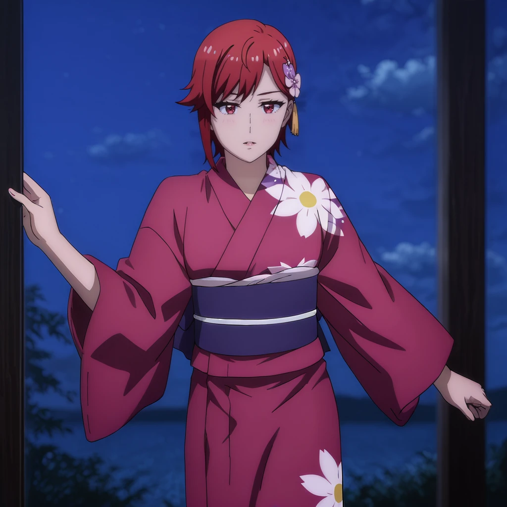 <lora:Tomo_illustrious_v1:1>TomoKimino, japanese clothes, 1girl, pink kimono, red hair, sash, hair ornament, hair flower, red eyes, short hair, wide sleeves, yukata, obi, cowboy shot