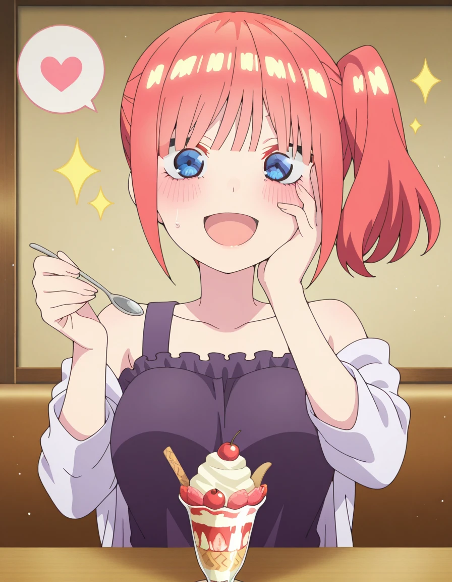 masterpiece, best quality, amazing quality,, <lora:nino-nakano-honeymoon-illustriousxl-lora-nochekaiser:1>, nino nakano, short hair, bangs, blue eyes, pink hair, blunt bangs, side ponytail, mature female, breasts, anime screencap, <lora:parfait-illustriousxl-lora-nochekaiser:1>, parfait, open mouth, heart, food, sparkle, fruit, happy, hand on own face, spoken heart, ice cream, strawberry, spoon, hand on own cheek, cherry, holding spoon, , ,